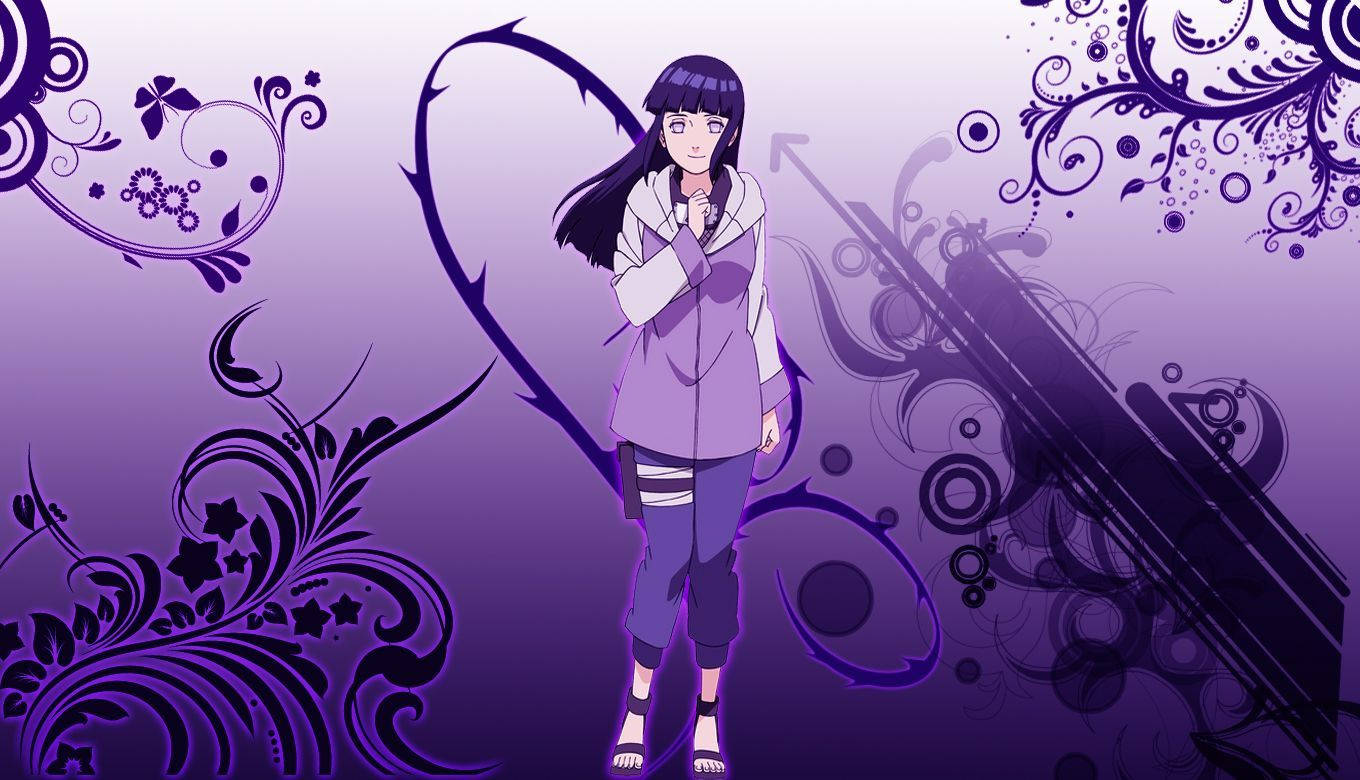 日向雛田 紫色藝術畫 壁紙 — 黑髮紫衣的動漫女孩站在華麗旋轉的紫色背景前。