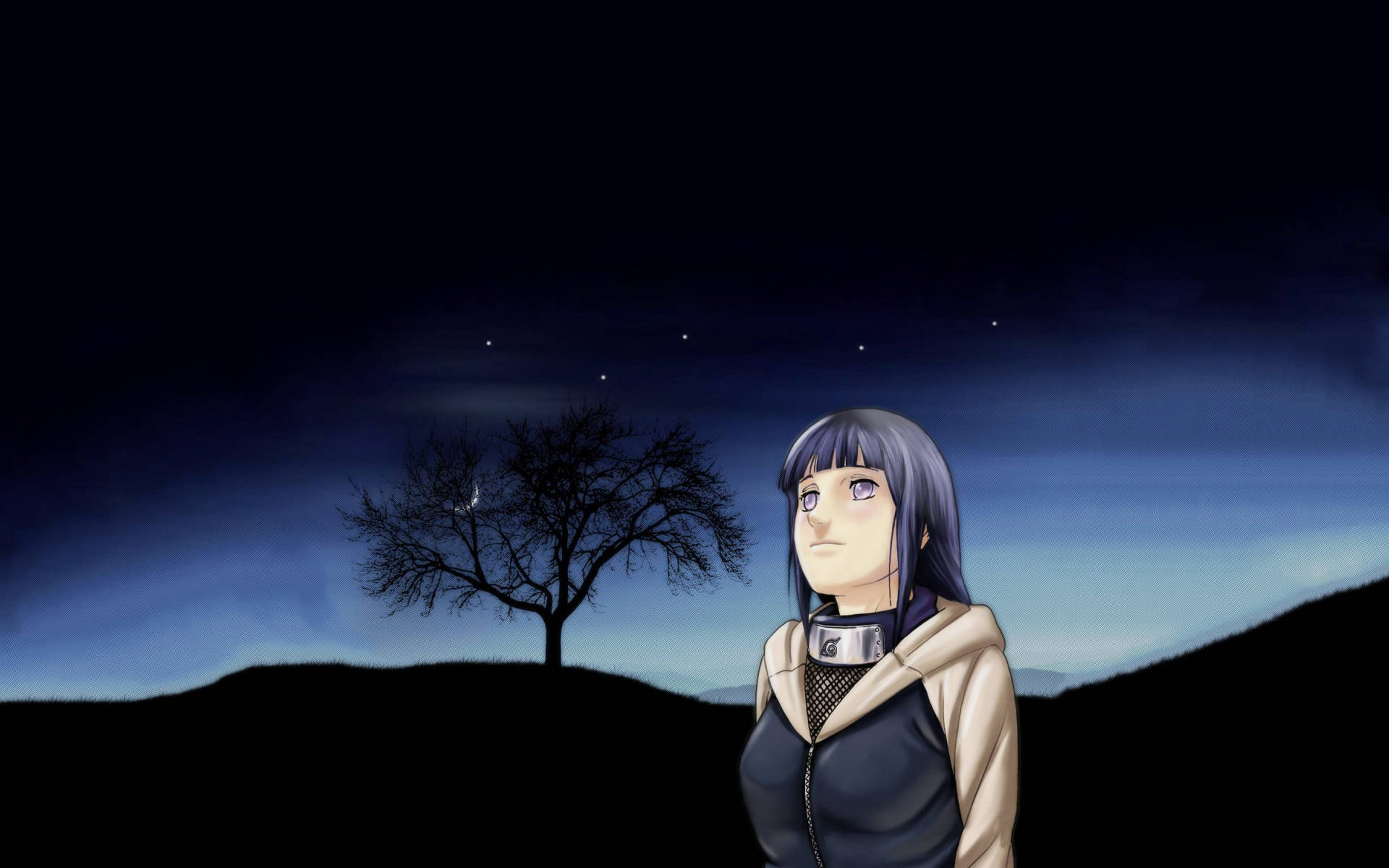 日向雛田夜空下 壁紙 — 紫髮動漫女孩站在星空下，旁邊是山丘上一棵孤獨的禿樹。