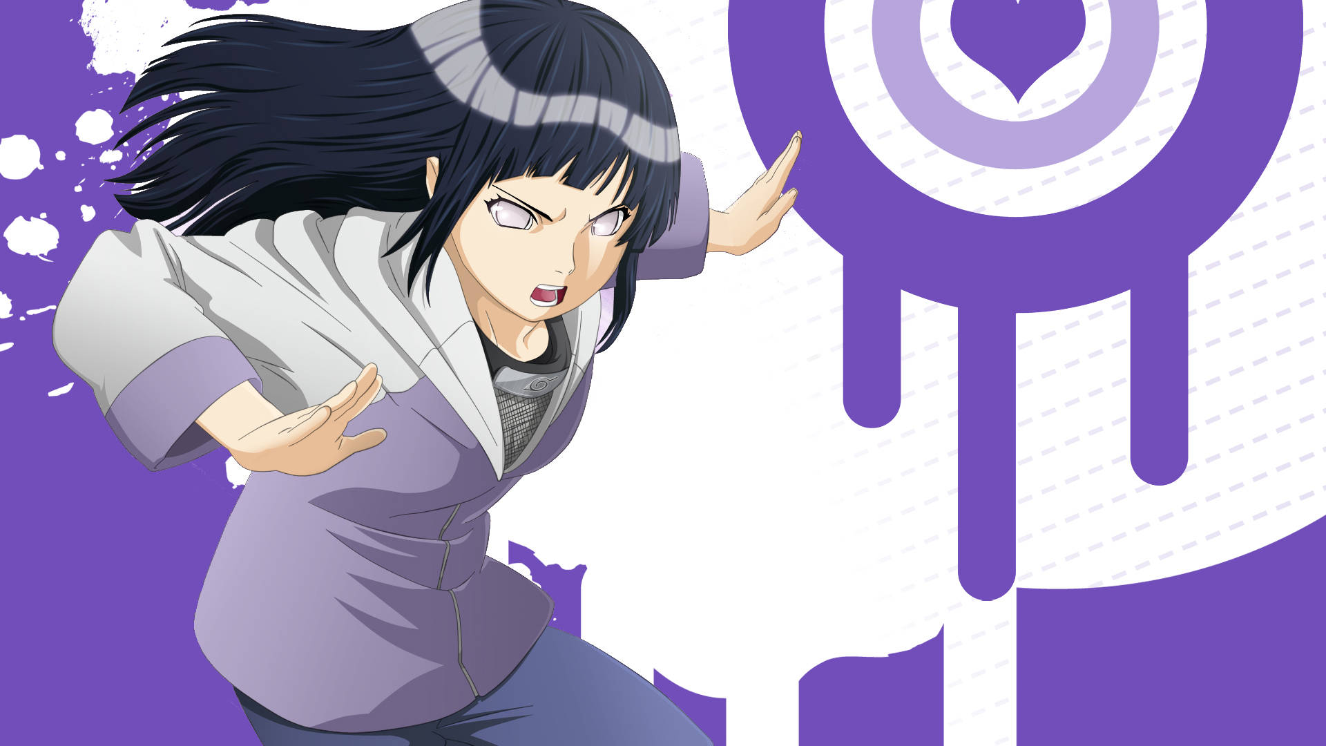 日向雛田展現戰鬥技巧 壁紙 — 黑髮紫衣的動漫女孩在醒目的紫白背景前做出動態的手印。
