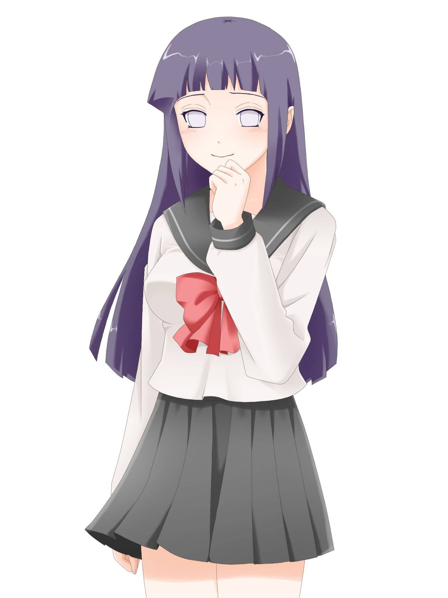 日向雛田校服造型 壁紙 — 一個開心的動漫女孩，紫色頭髮，戴著紅色蝴蝶結，托腮微笑。