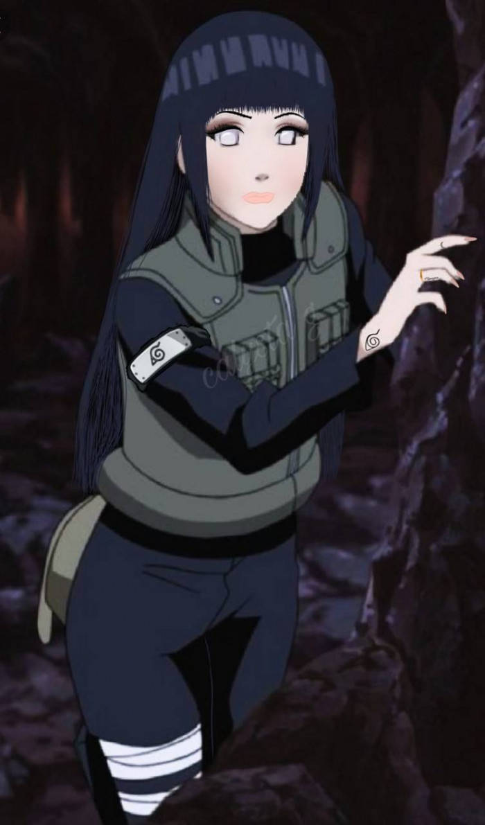 日向雛田火影忍者妝容加強版 壁紙 — 動漫女忍者，長黑髮，戴頭帶，站在黑暗洞穴中，表情嚴肅地指向前方。