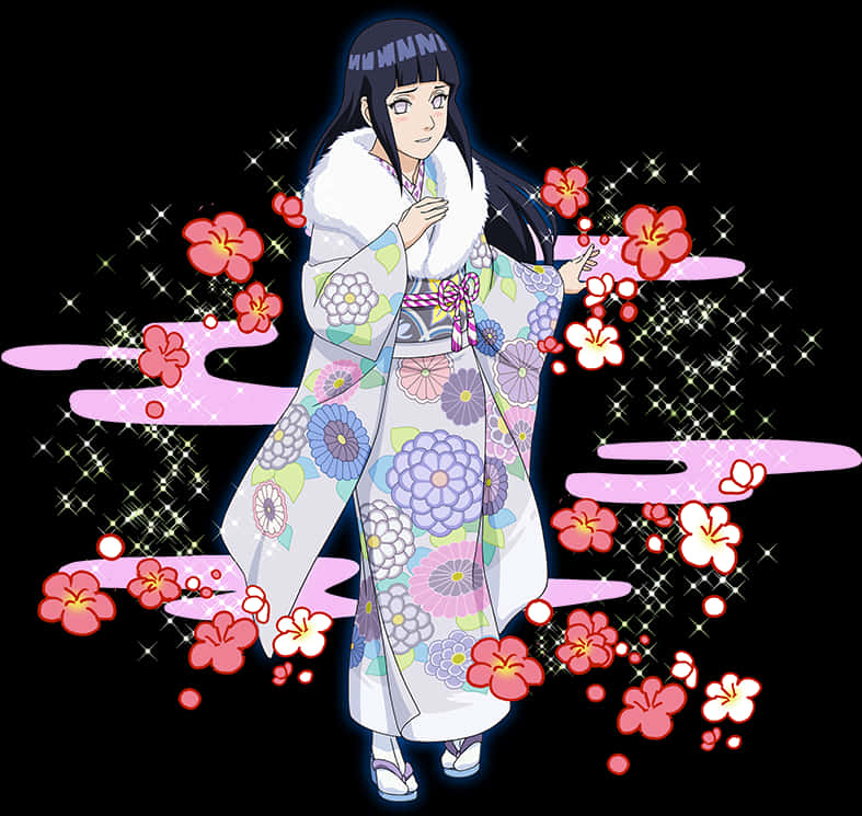 日向雛田穿傳統和服 壁紙 — 動漫女孩穿著花卉和服，被發光的櫻花和粉紅色的雲朵包圍，背景是閃爍的黑色。