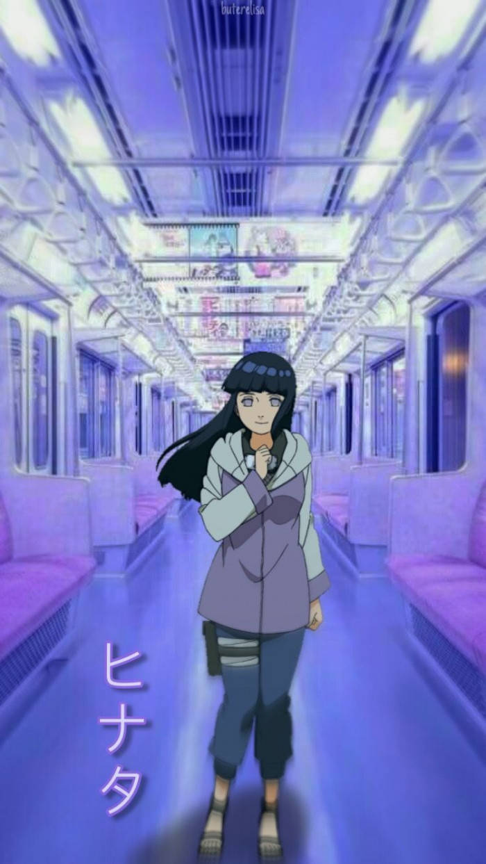 動畫角色雛田在紫色地鐵車廂中，燈光閃爍。