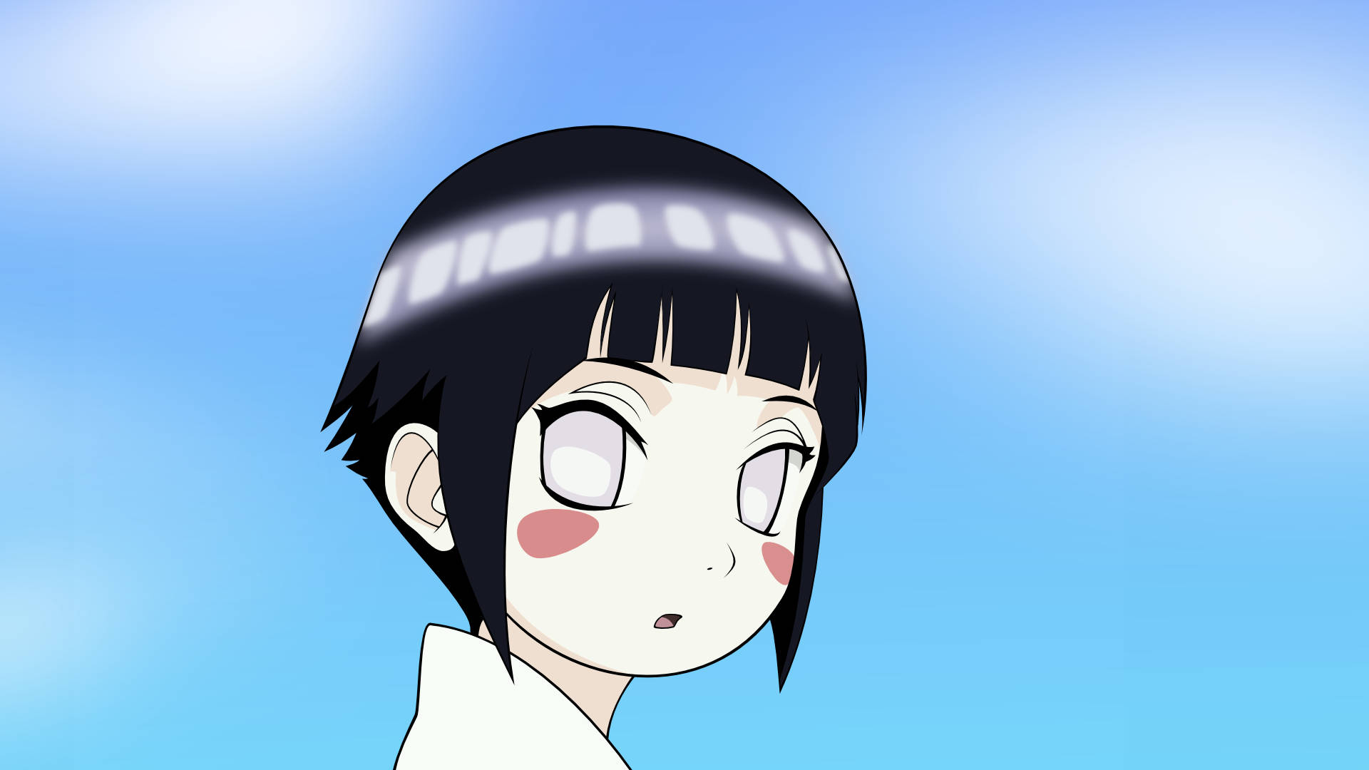 日向雛田童真羞澀 壁紙 — 短黑髮、臉頰泛紅的動漫女孩，仰望柔和藍天漸變背景。