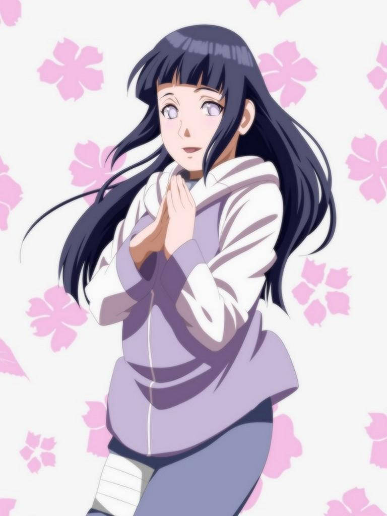 日向雛田粉紅花朵 壁紙 — 長黑髮紫衣動漫少女在粉紅櫻花背景下合十祈禱。