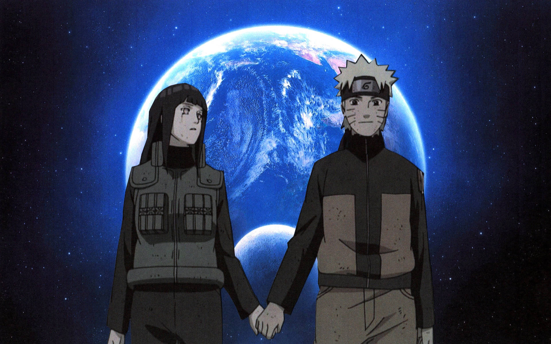 動漫情侶在太空中地球前牽手。