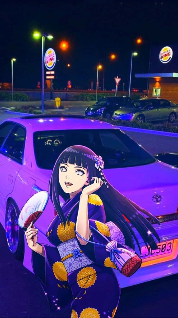 動漫女孩穿著紫色和服拿著扇子，在漢堡王附近夜晚站在發光的汽車旁邊。