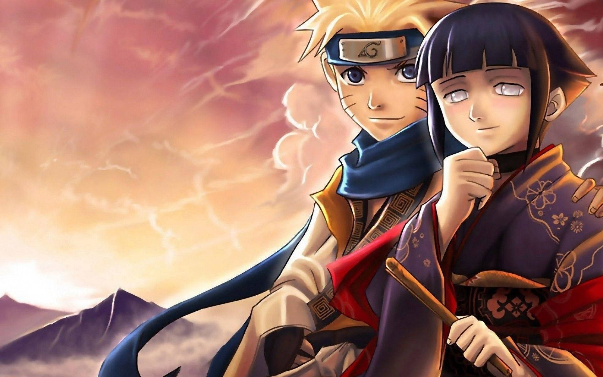 日向雛田與鳴人 Uzumaki 高畫質 壁紙 — 兩個動漫角色一起站在火紅的日落天空前，遠處有山巒。
