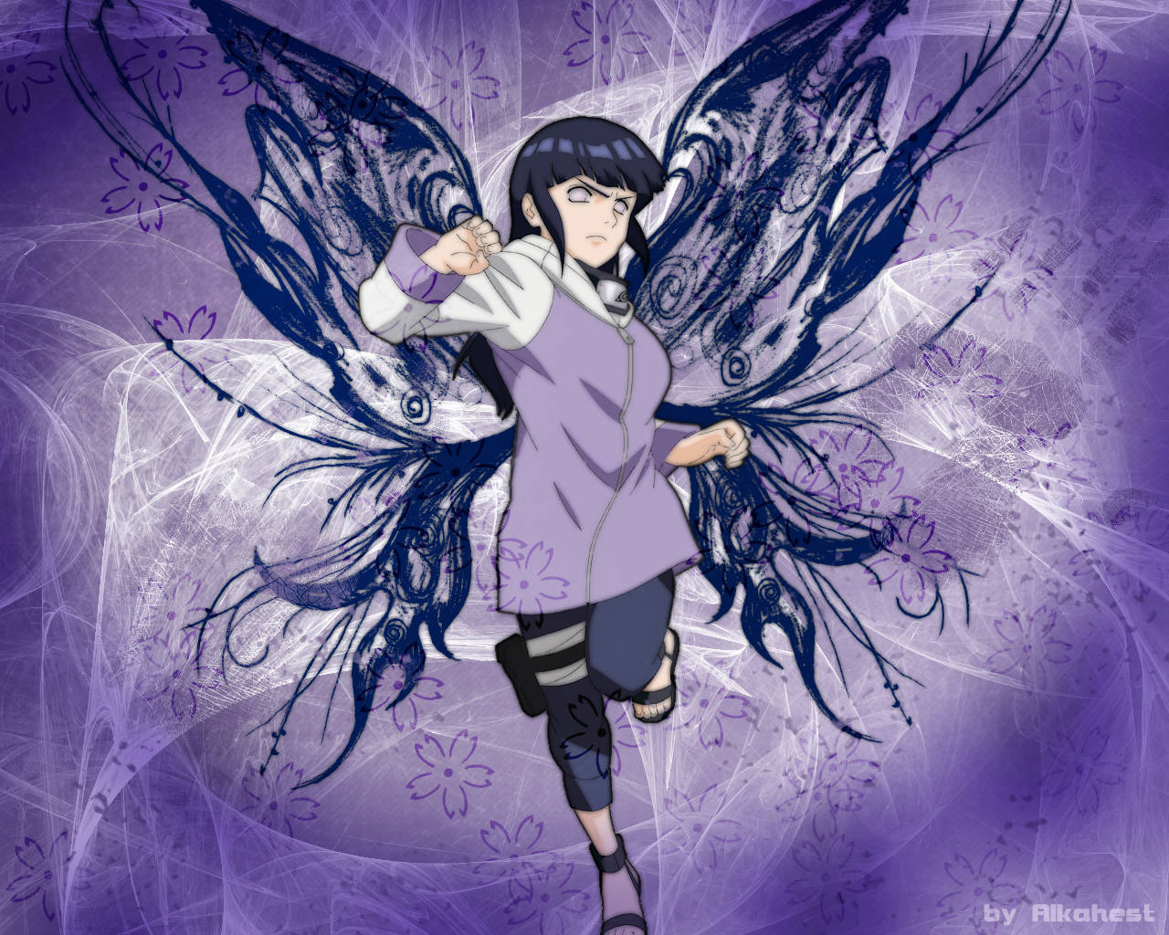 紫色花卉背景中帶蝴蝶翅膀的動漫女孩 — 唯美蝴蝶動圖 壁紙