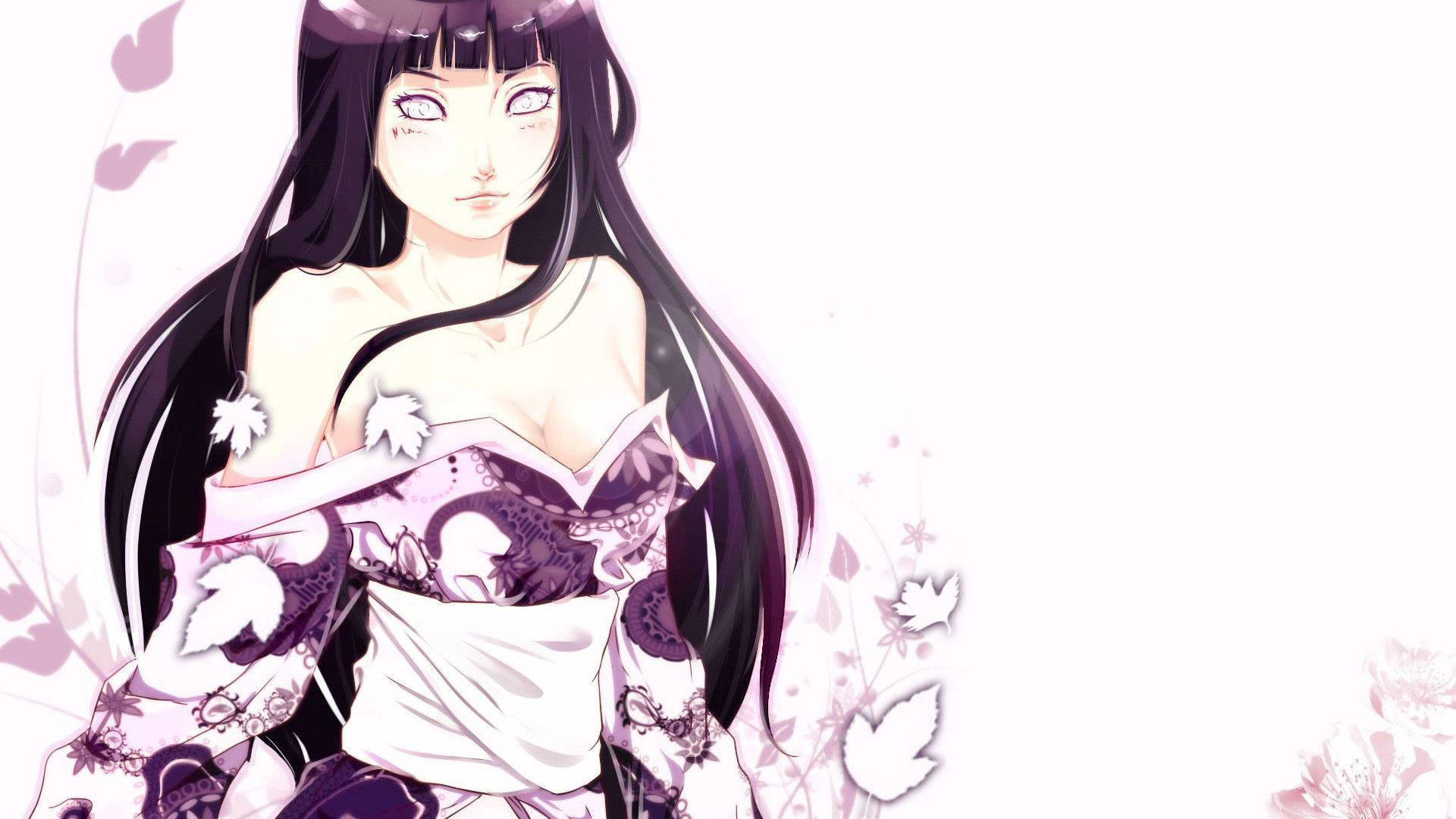 日向雛田身穿性感禮服 壁紙 — 動漫女孩，長長的黑髮和紫色的眼睛，穿著花卉和服，背景是柔和的白色，飄浮著櫻花。