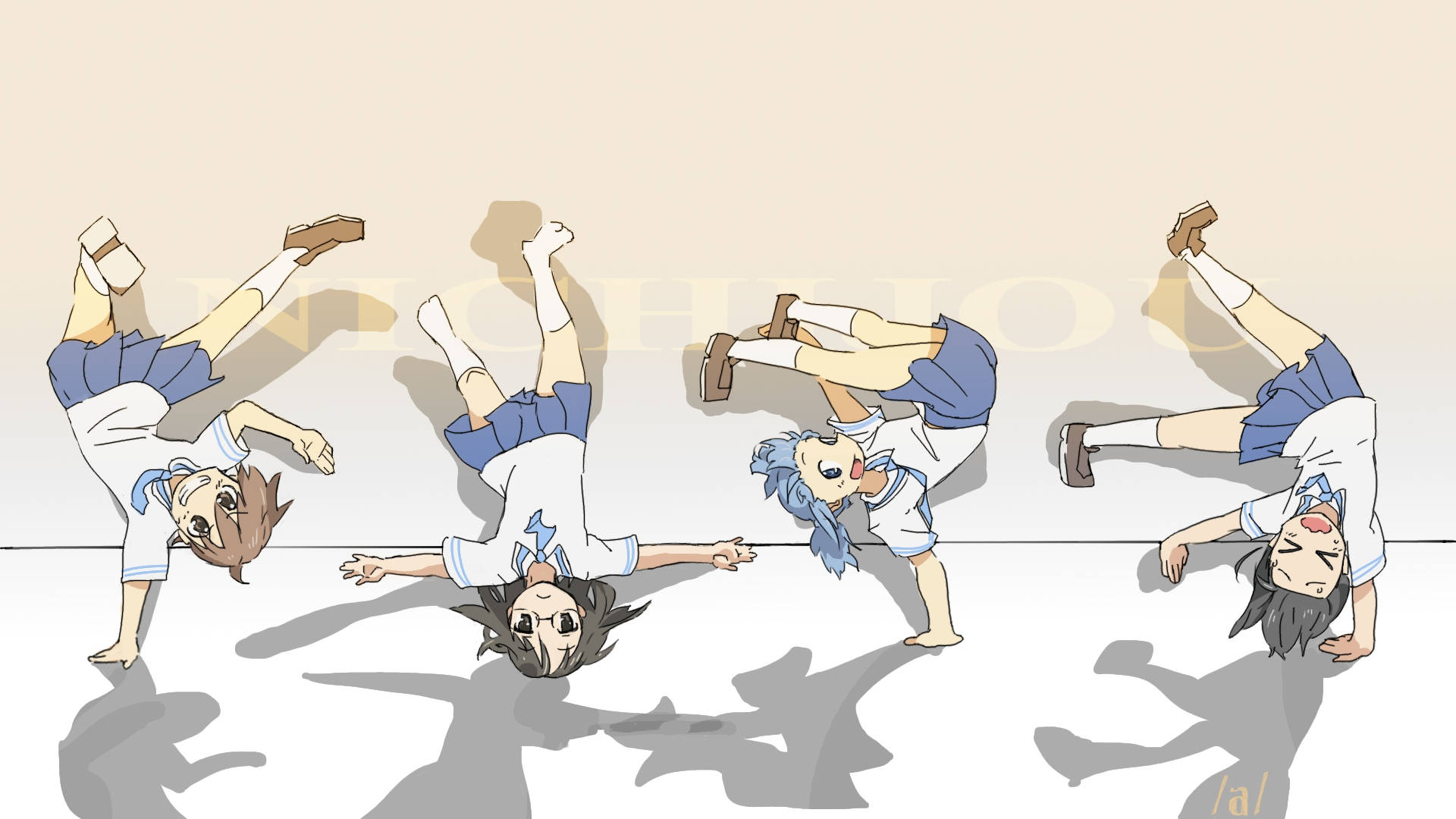 四個動漫女學生做倒立，表情各異。