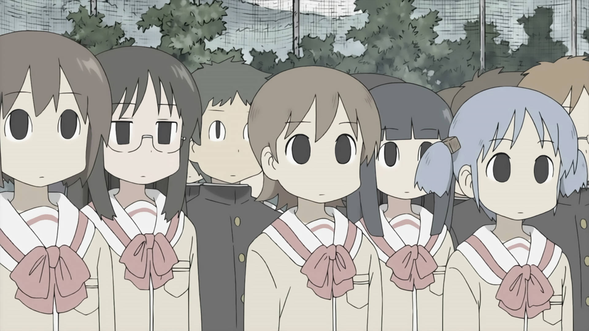 動畫女學生穿著校服在戶外排成一排。