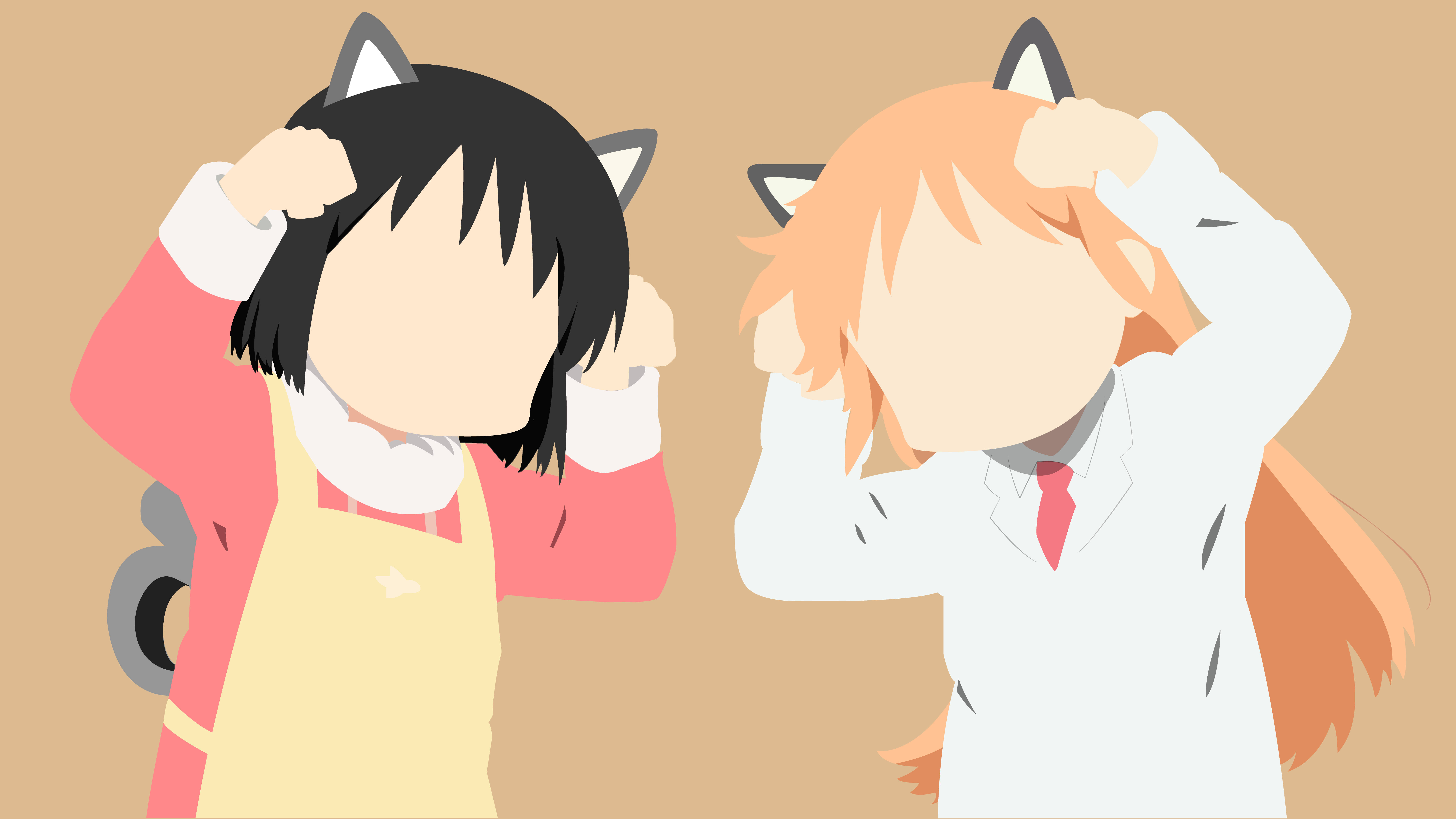 《日常》貓耳少女Hakase與Nano 壁紙 — 兩個有貓耳嘅動漫角色喺純米色背景前用手遮住塊面。