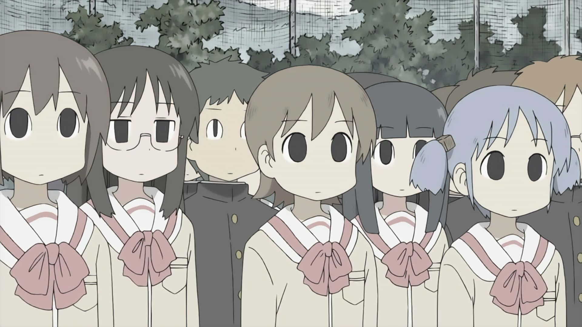 動畫女學生著住制服喺戶外排成一排。