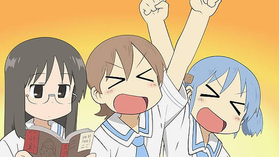 三個動漫女學生舉起拳頭張開嘴歡呼。