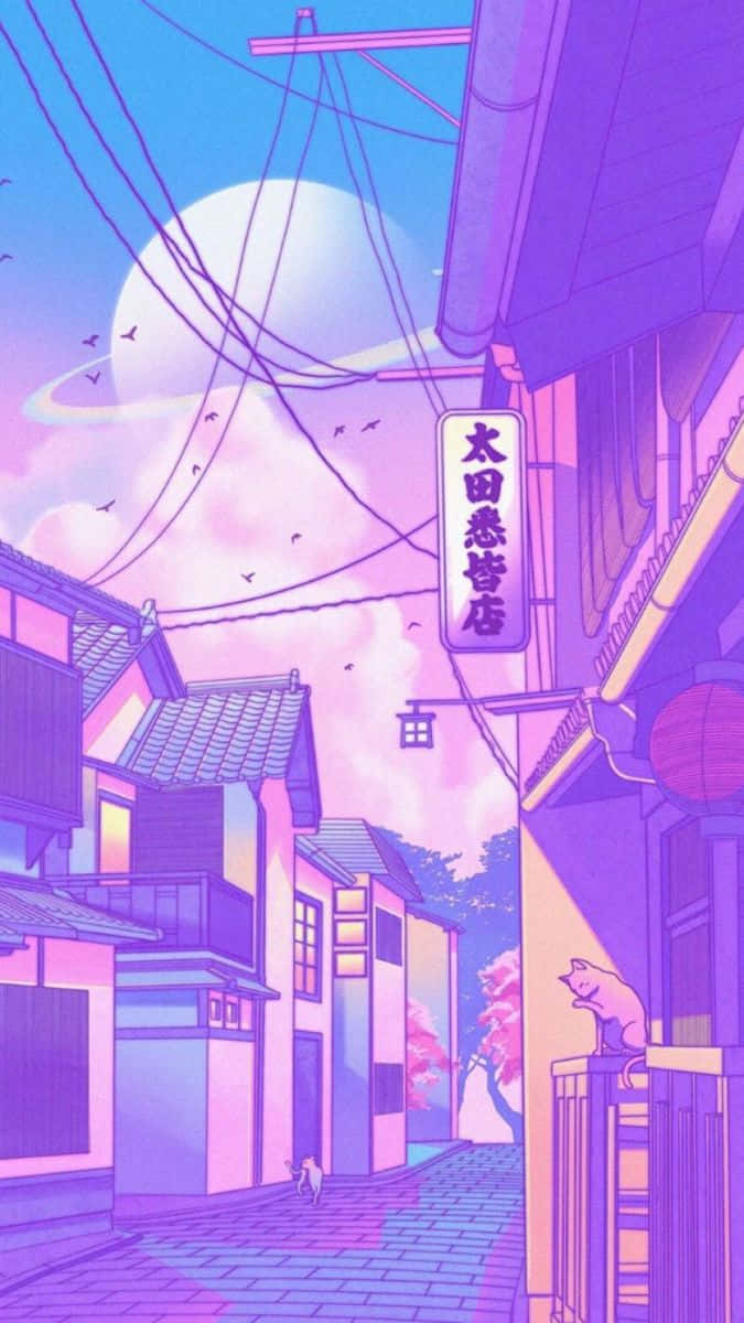 紫色調的動漫街景，欄杆上的貓和月亮下飛翔的鳥。