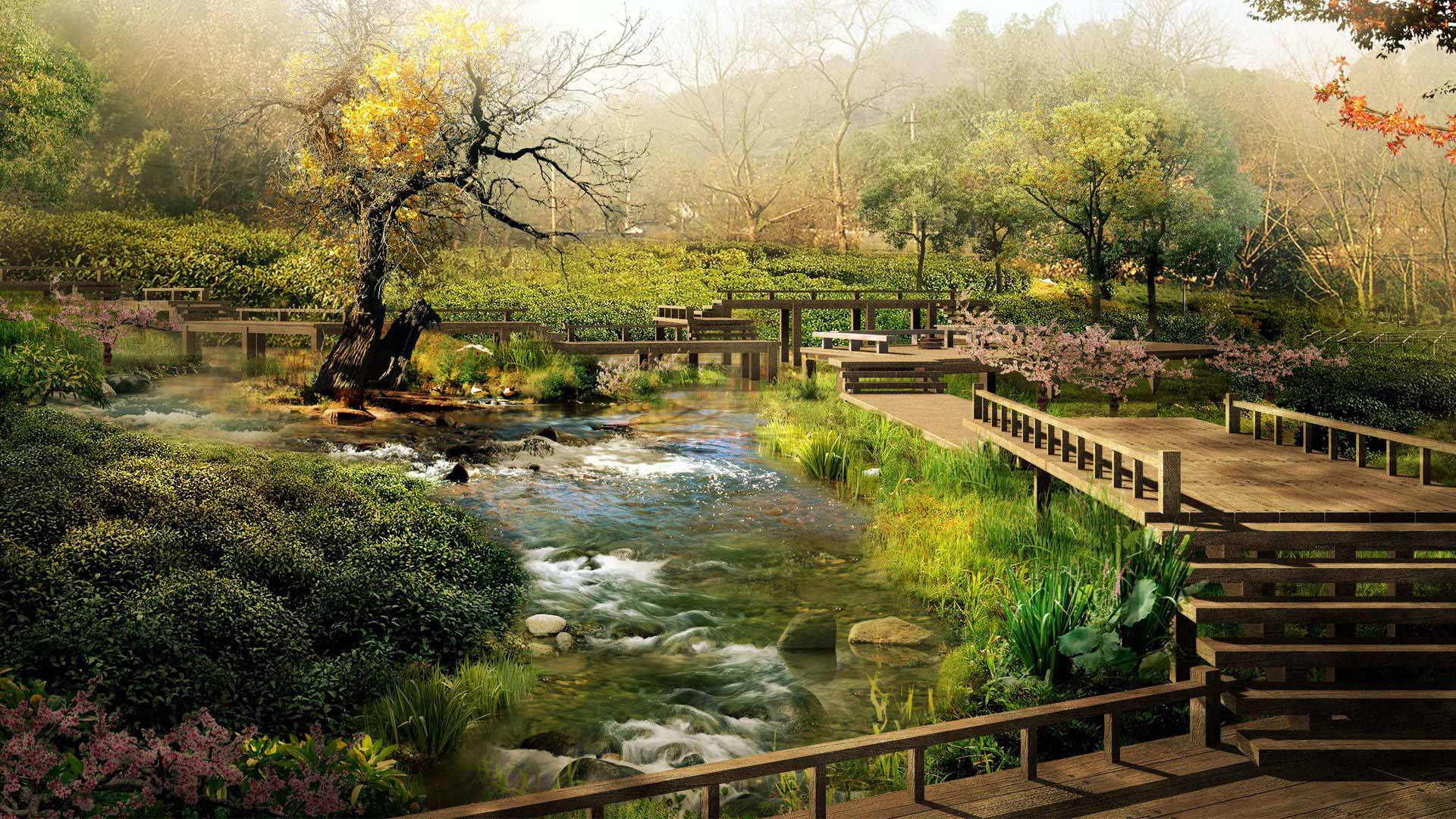 日式公園風景 壁紙 — 一條寧靜的森林溪流在柔和的晨光下流過木棧道和盛開的樹木。