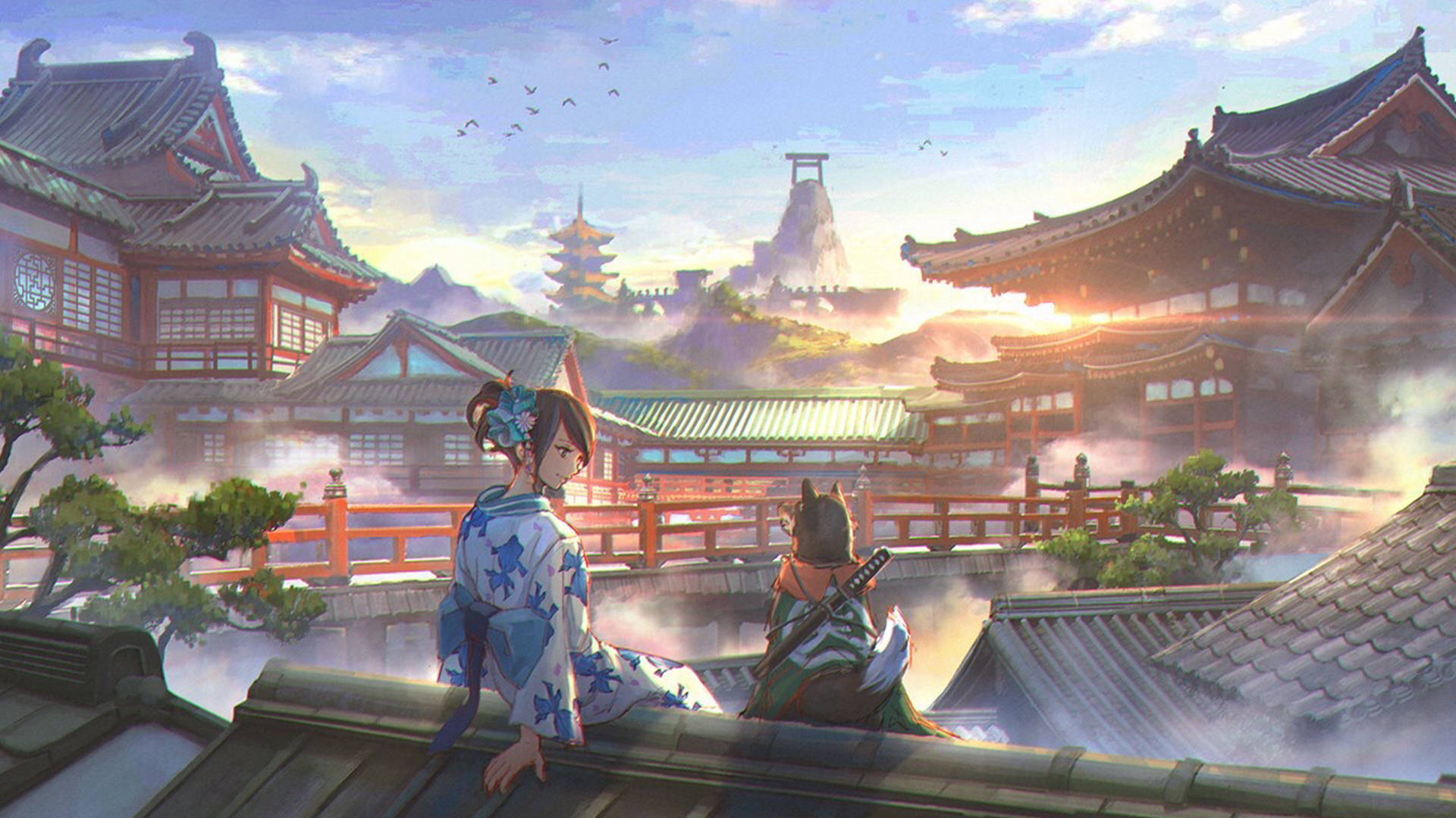 日式動漫狗狗和服 壁紙 — 兩個穿著傳統長袍的動漫角色坐在屋頂上，俯瞰著金色時刻薄霧籠罩的日本寺廟小鎮。