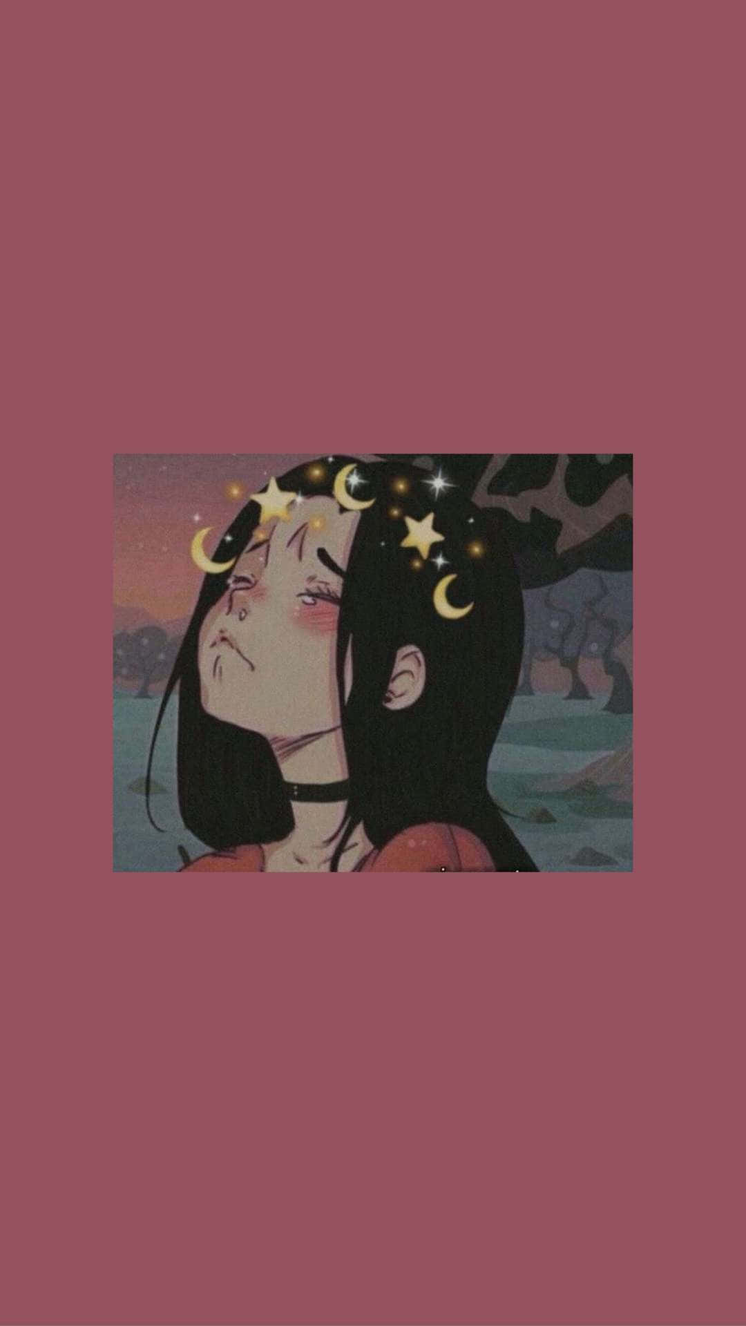 日式動畫風格的寧靜風景，夢幻粉紅天空 壁紙 — 一位黑髮年輕女子仰望天空，新月和星星漂浮在她的頭周圍，映襯著暮色天空。