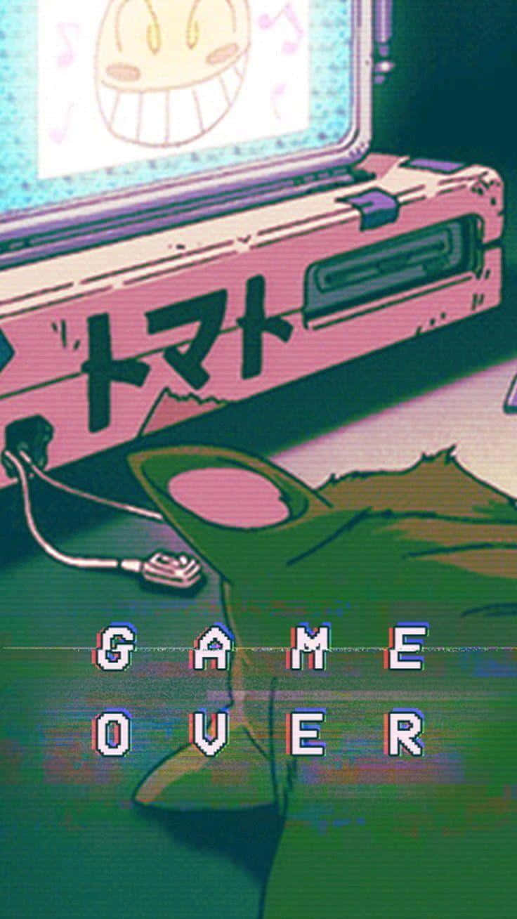 日式可愛遊戲玩家故障美學 壁紙 — 一部復古粉紅色遊戲機顯示一個笑臉，而一隻綠色貓咪在故障的遊戲結束畫面下被打敗躺著。