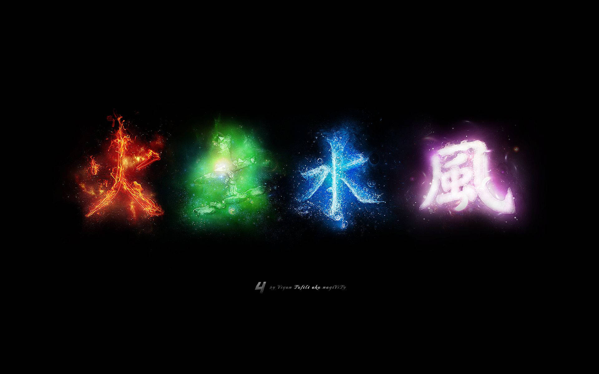 日式土元素符號 壁紙 — 四個發光的元素漢字火地水風在黑色虛空中散發出充滿活力的能量。