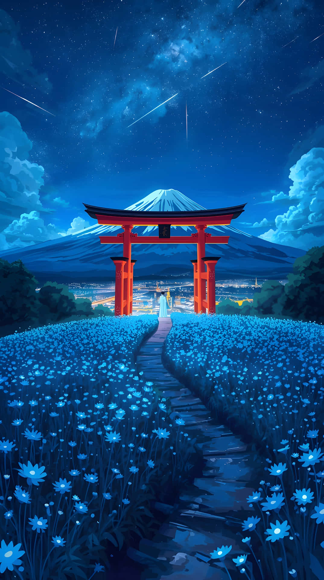 藍色花田與富士山、星空下的紅色鳥居 — 自然 壁紙