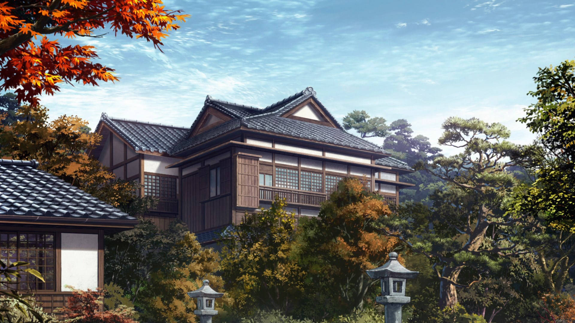 日式大宅 壁紙 — 一座傳統日式木屋，瓦片屋頂，坐落在秋日樹木之間，天空清澈湛藍。