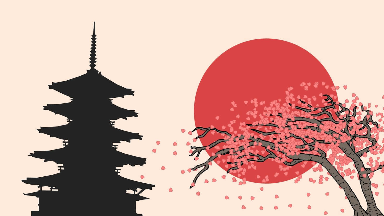日式審美神社剪影桌面 壁紙 — 日本塔的剪影，旁邊是櫻花樹，襯著一個巨大的紅色太陽。