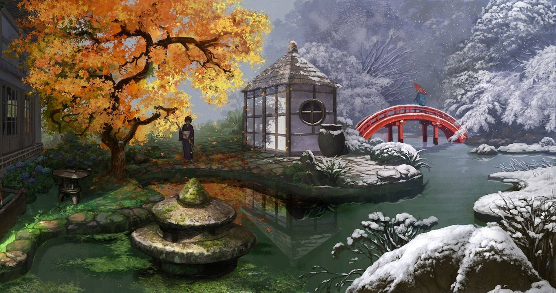 一個白雪覆蓋的日本花園，有紅色橋樑和橙色楓樹。