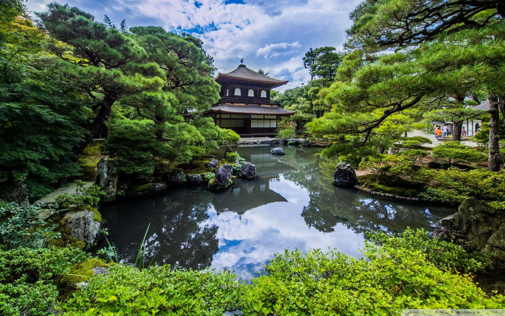 傳統日本亭閣在寧靜的花園中，有池塘和綠植。