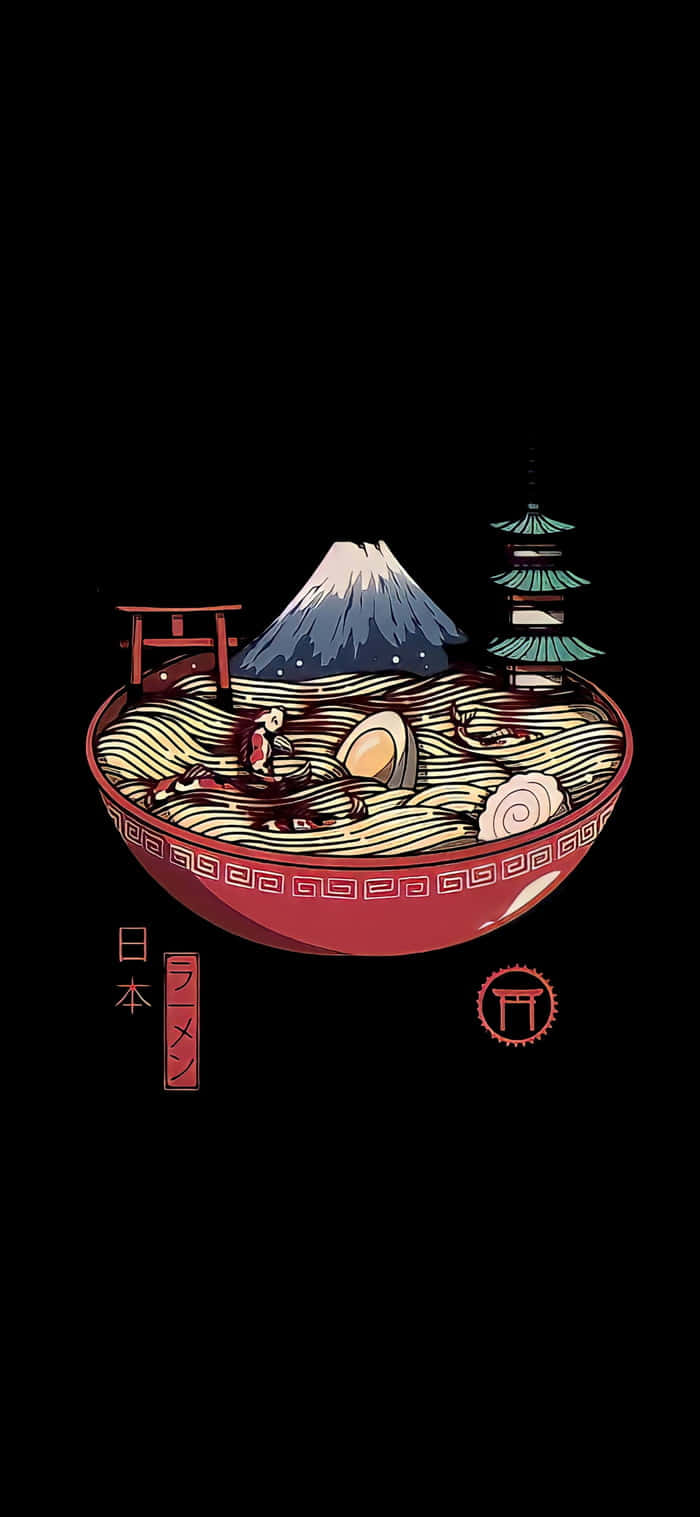 日式拉麵數位藝術 壁紙 — 一個風格化的拉麵碗，上面有富士山、鳥居和寶塔，背景為黑色。
