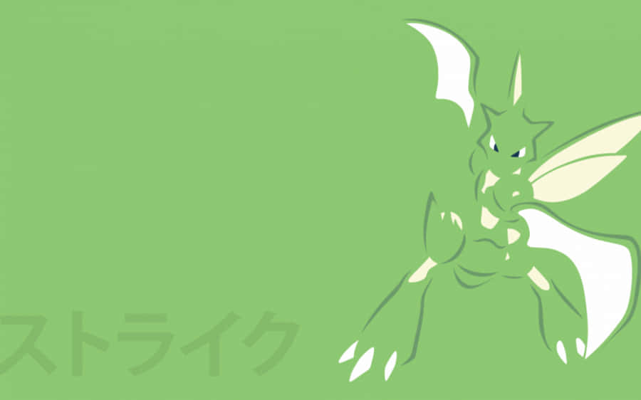 日式斧螳螂繪畫 壁紙 — 一幅極簡線條藝術插圖，描繪一隻帶有白色翅膀的綠色龍形生物，背景為純綠色。