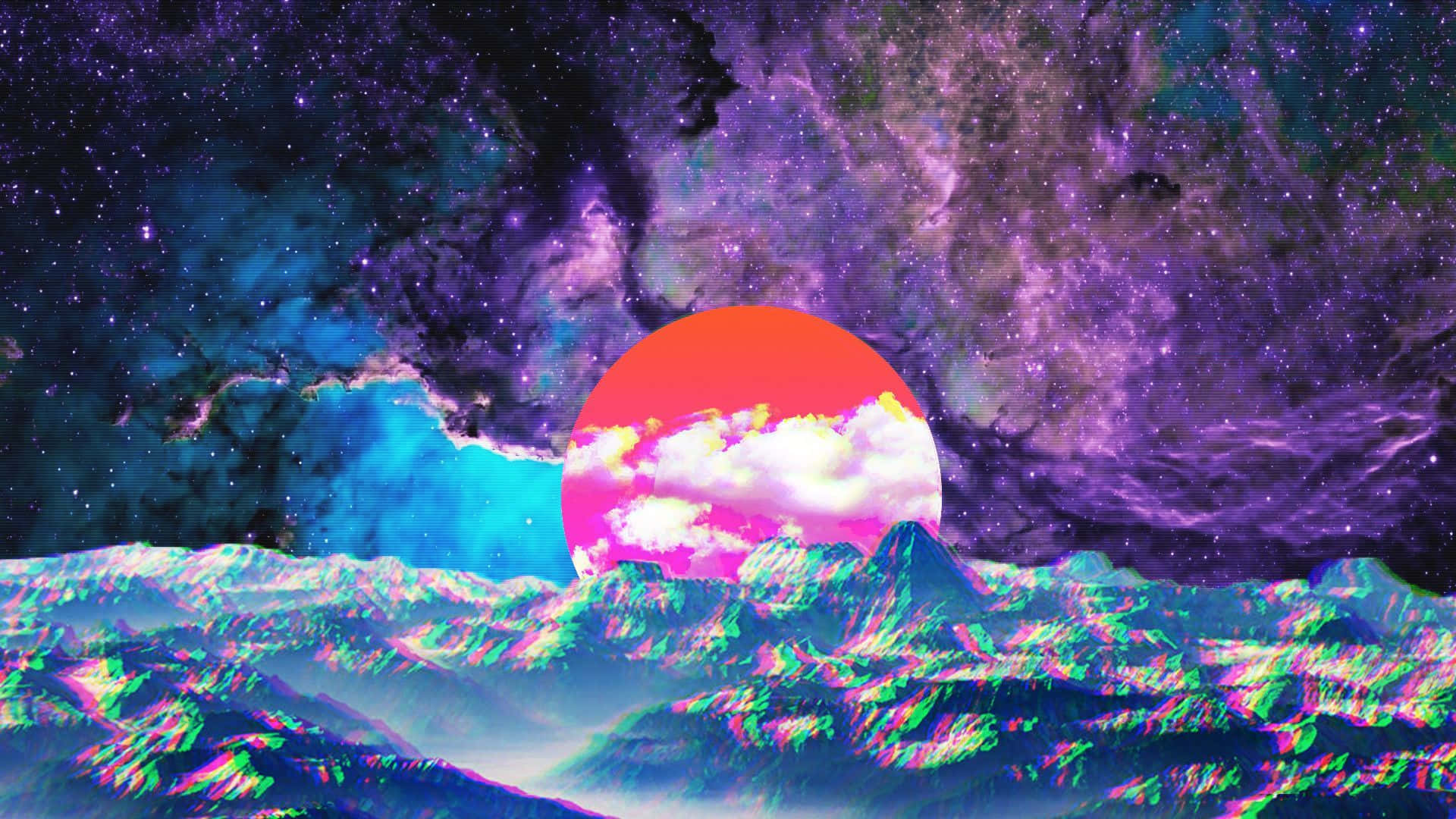 在帶有紫色和藍綠色星雲的宇宙日落下的故障山脈。
