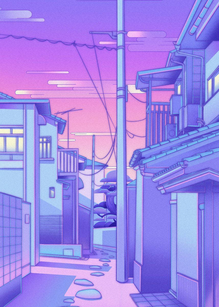 日式村莊美學繪畫 壁紙 — 一條狹窄的小巷，兩旁是粉紫色和粉紅色的建築物，在暮色天空下，窗戶發光，頭頂有電線。