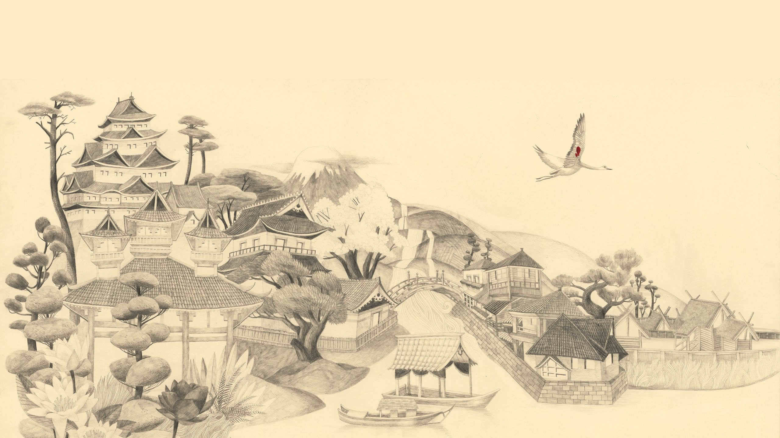 日式村落繪畫 壁紙 — 一幅寧靜的墨水素描，描繪了傳統日本村莊，有寶塔、船隻和鶴在霧濛濛的山上飛翔。