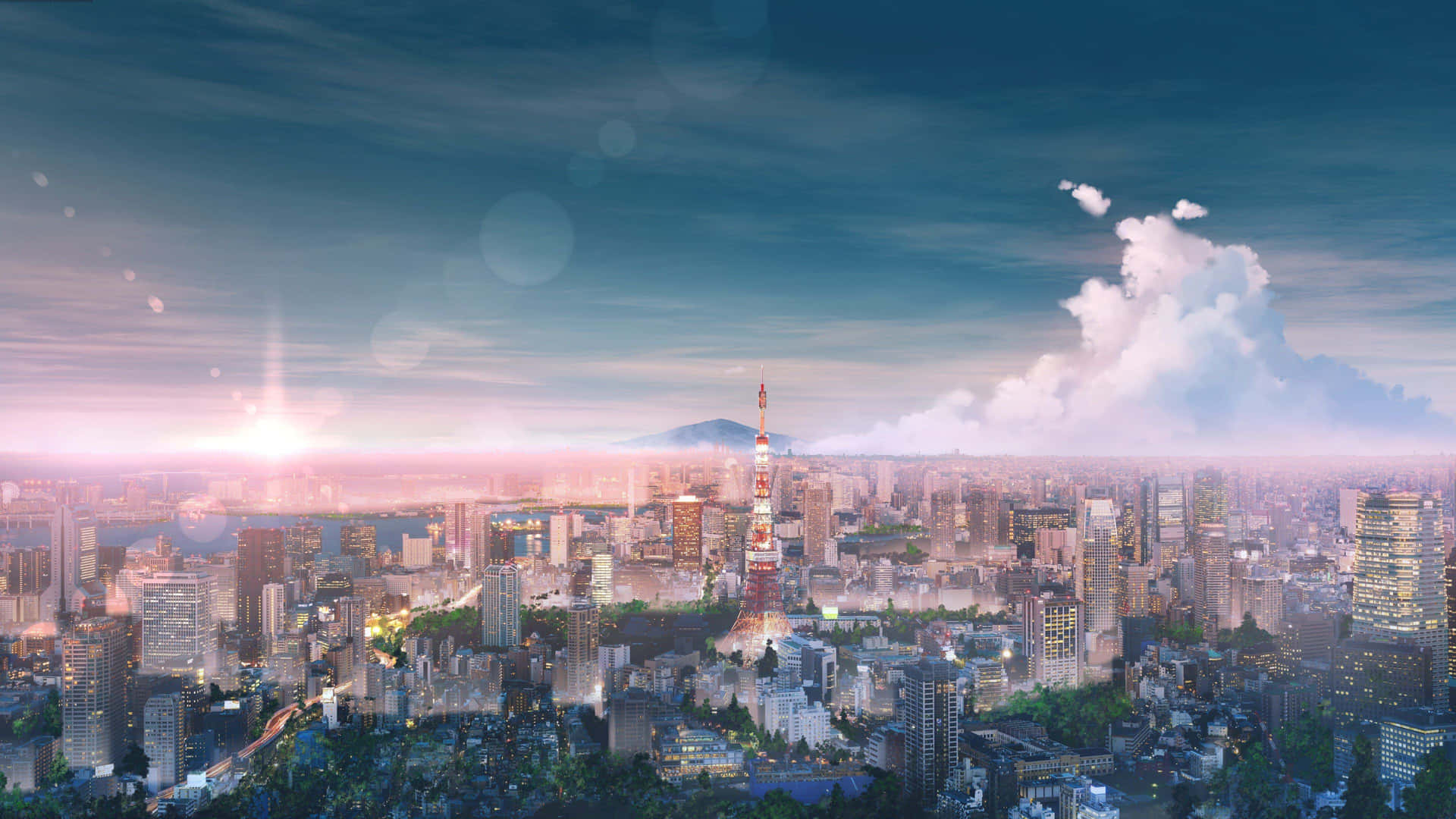 日落時分的東京天際線，東京塔亮起，雲朵飄過。