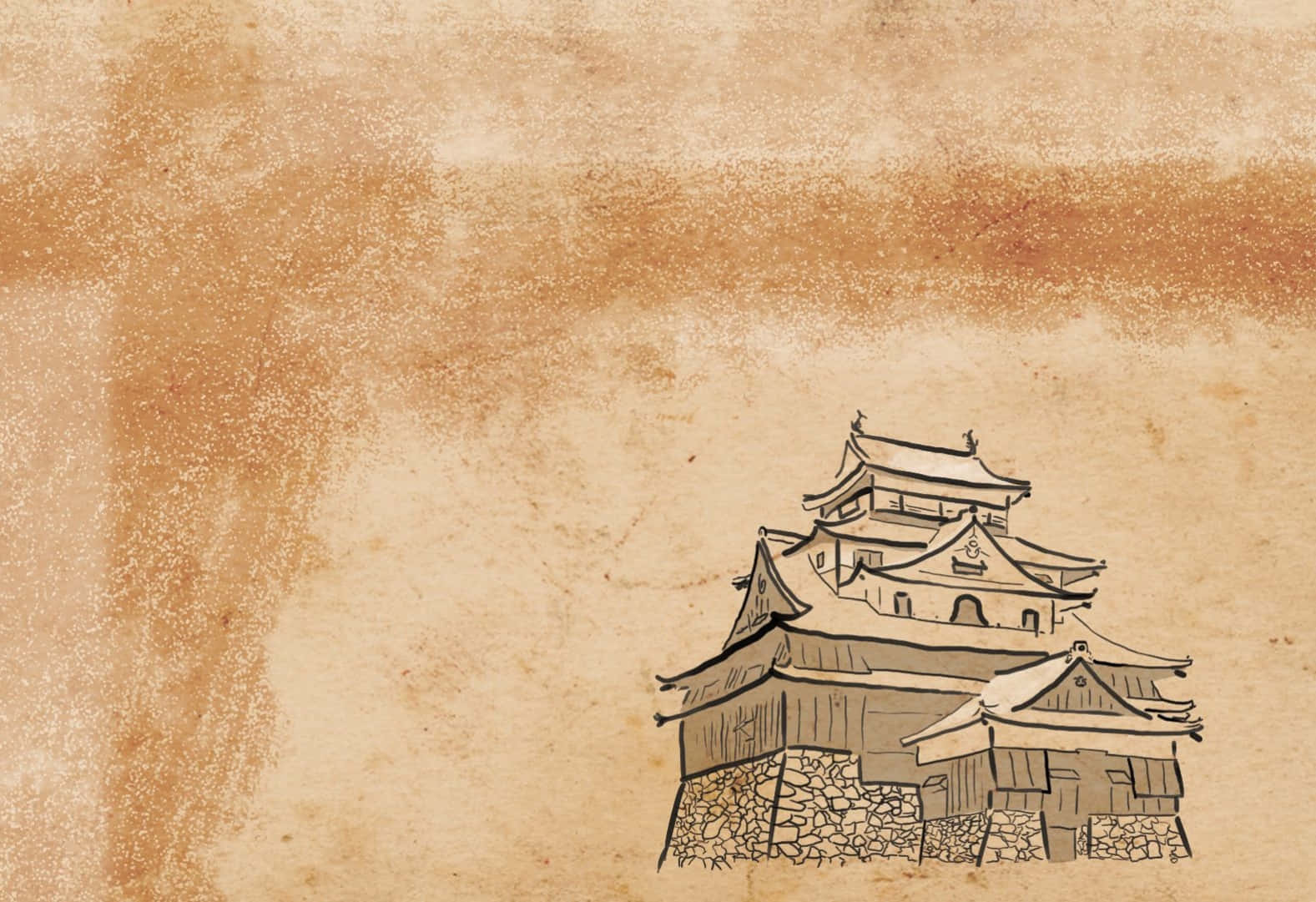 在紋理羊皮紙背景上手繪的日本城堡。
