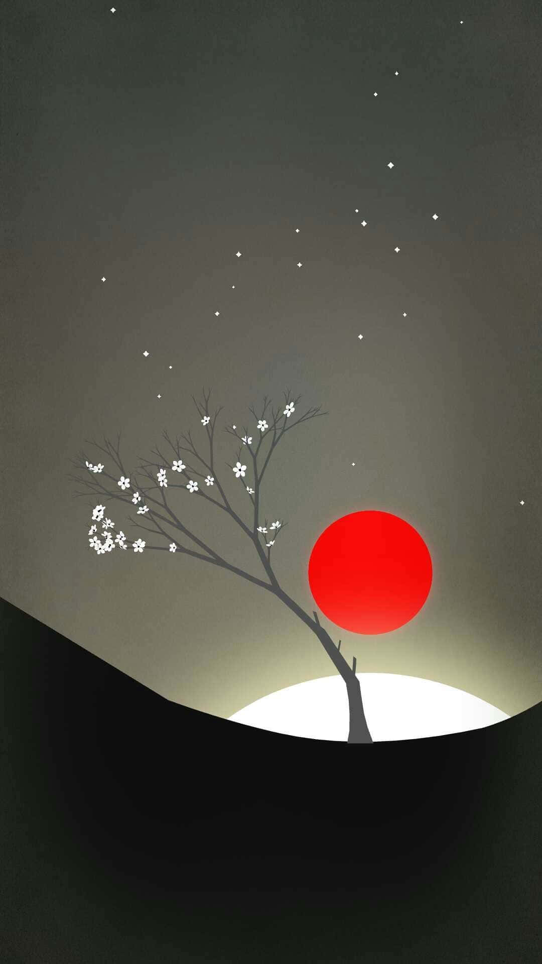 一棵孤獨開花的樹，在紅日和星空夜空下形成剪影。