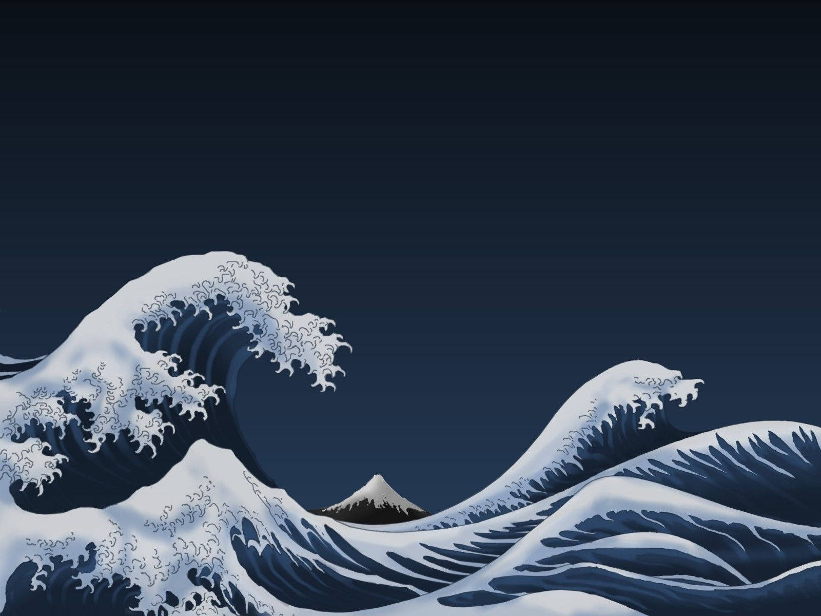日式浪花圖形藝術 壁紙 — 一個風格化的波浪，帶有複雜的白色泡沫捲曲，在深藍色的天空下聳立於遠處的雪山之上。