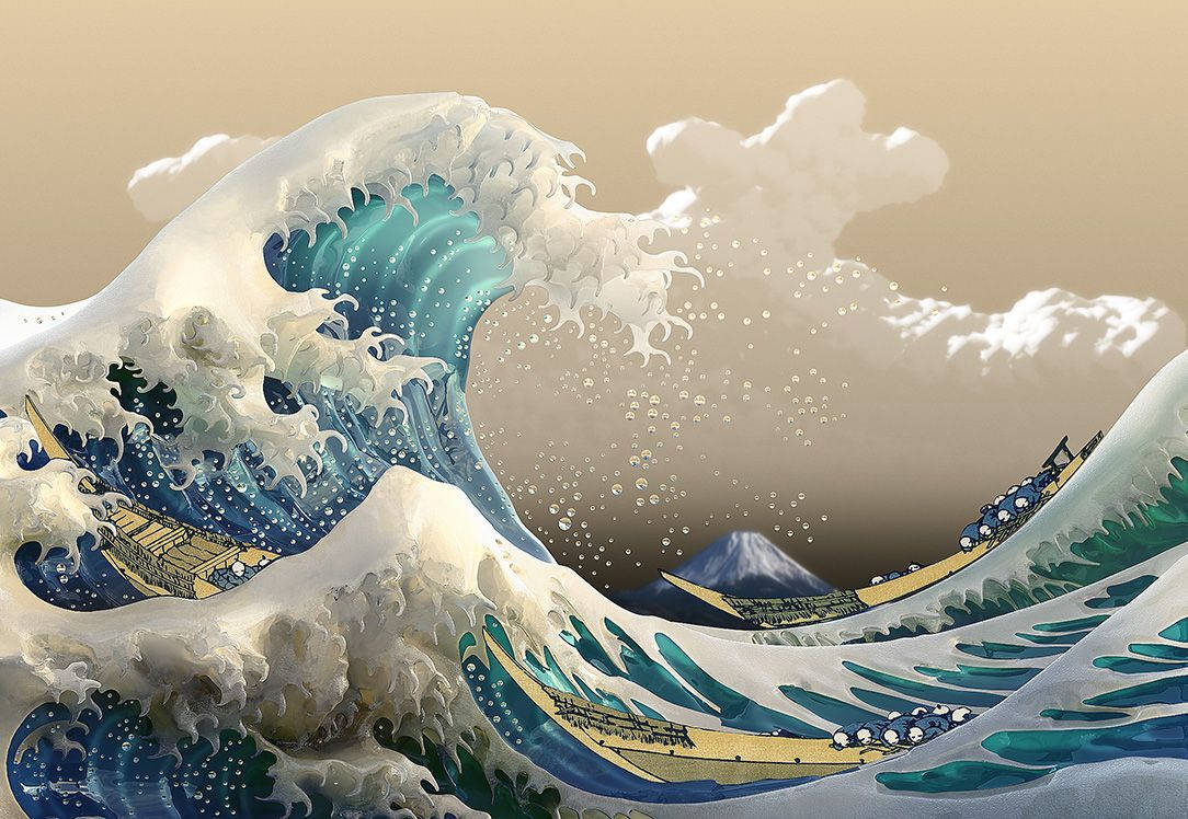 日式浪花數位藝術 壁紙 — 一道高聳的藍色波浪破碎，帶有泡沫般的白色浪花，小船在其巨大力量下掙扎，天空是柔和的米色。