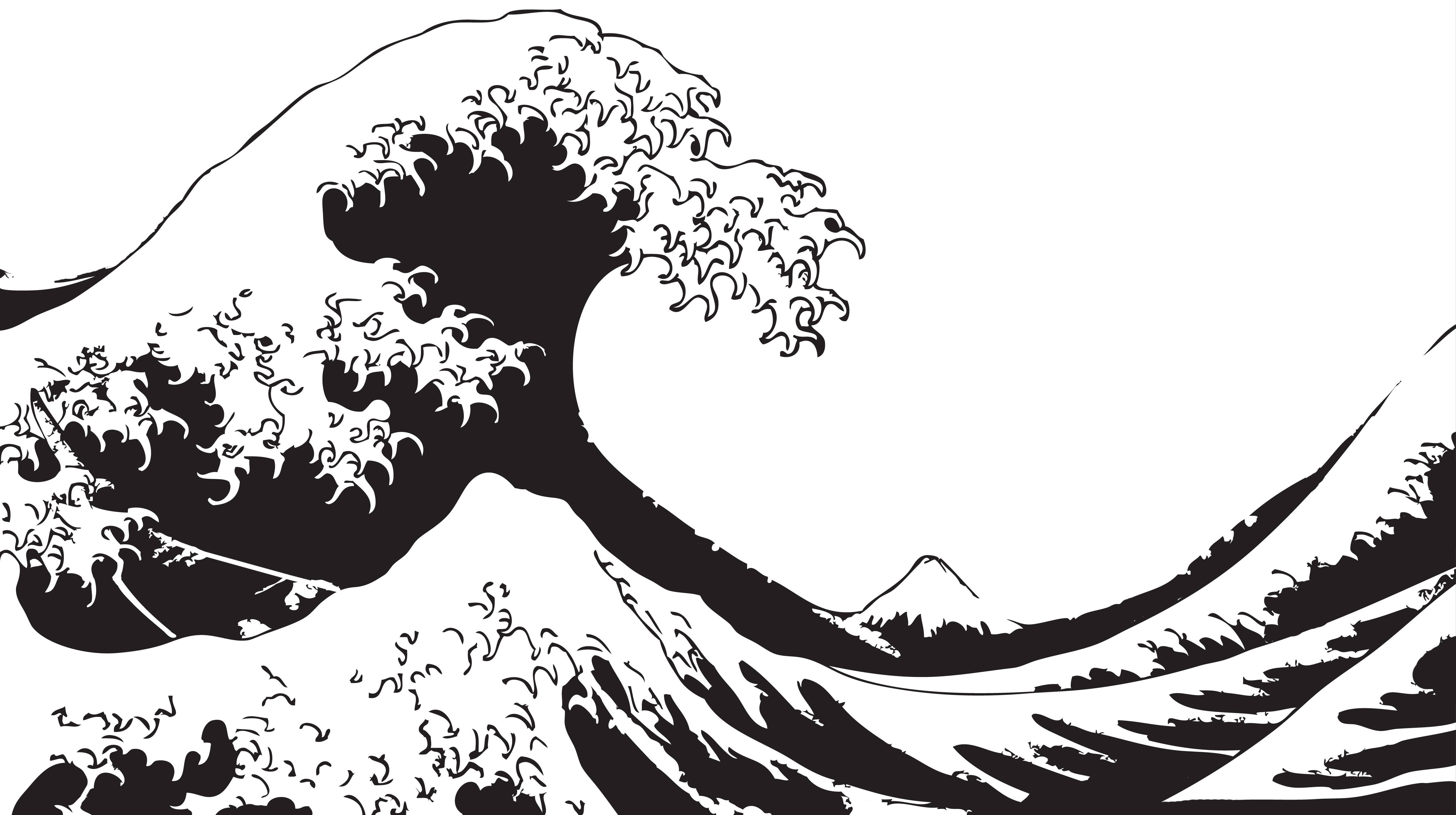 日式浪花素描 壁紙 — 一幅大膽的黑白插圖，描繪高聳的海浪破碎，帶有複雜的泡沫細節和背景中的遠山。