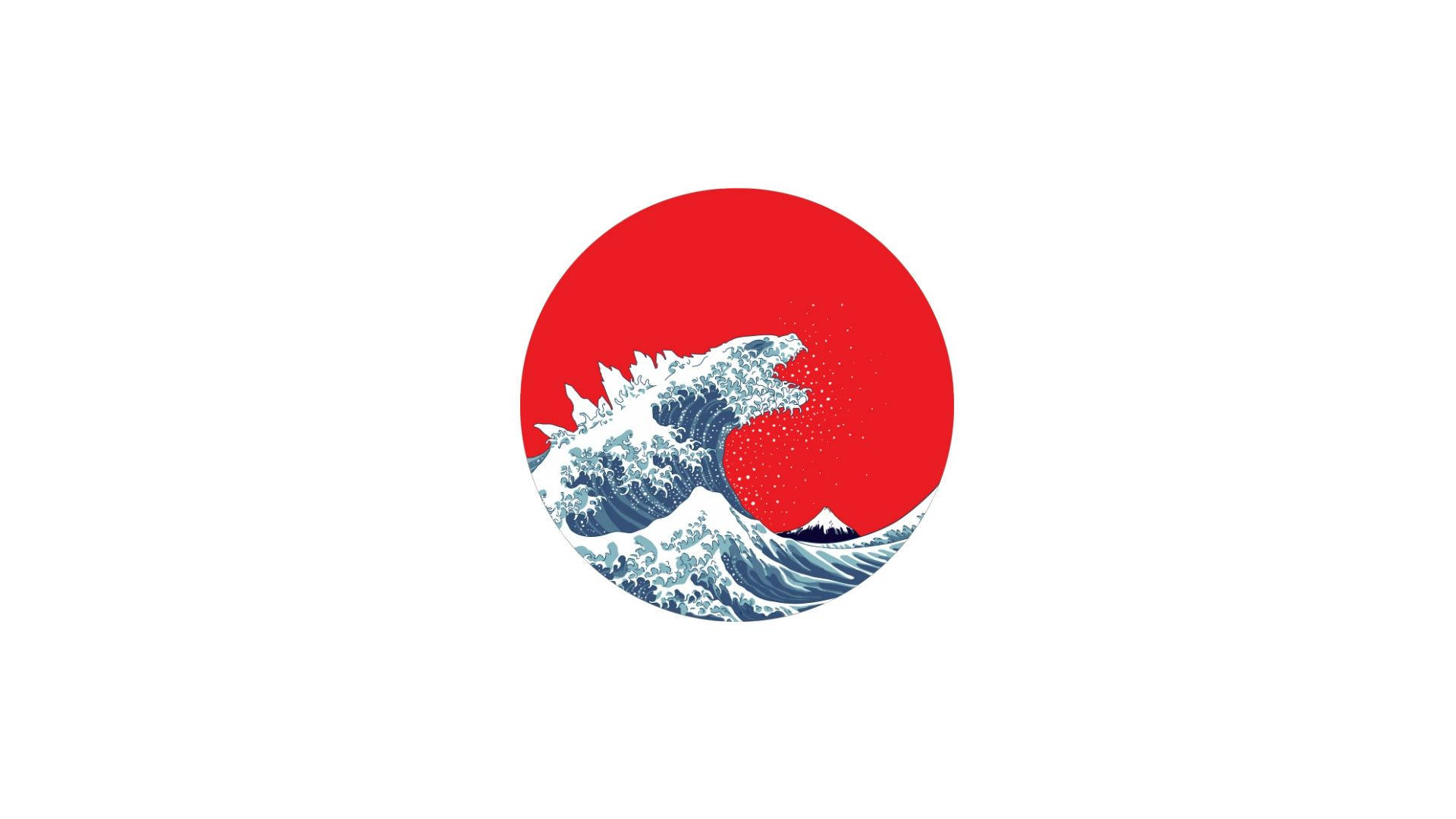 日式浪花與哥吉拉 壁紙 — 一個風格化的藍色波浪撞擊在一個大膽的紅色圓形背景上，下方可見一個小山頂。