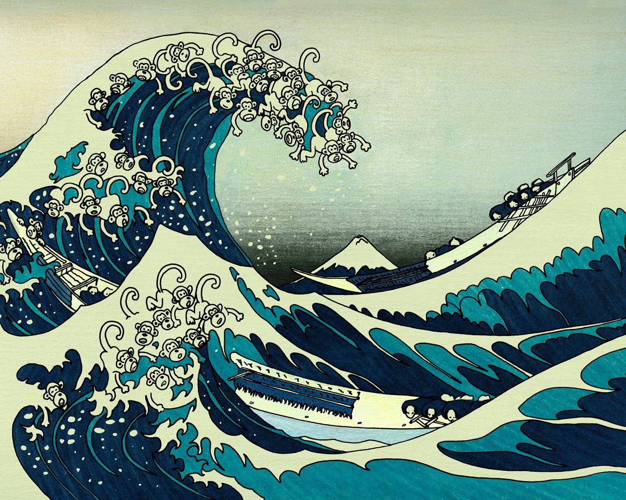 日式浪花迷因 壁紙 — 一幅浮世繪風格的巨浪衝擊船隻，遠方有富士山。
