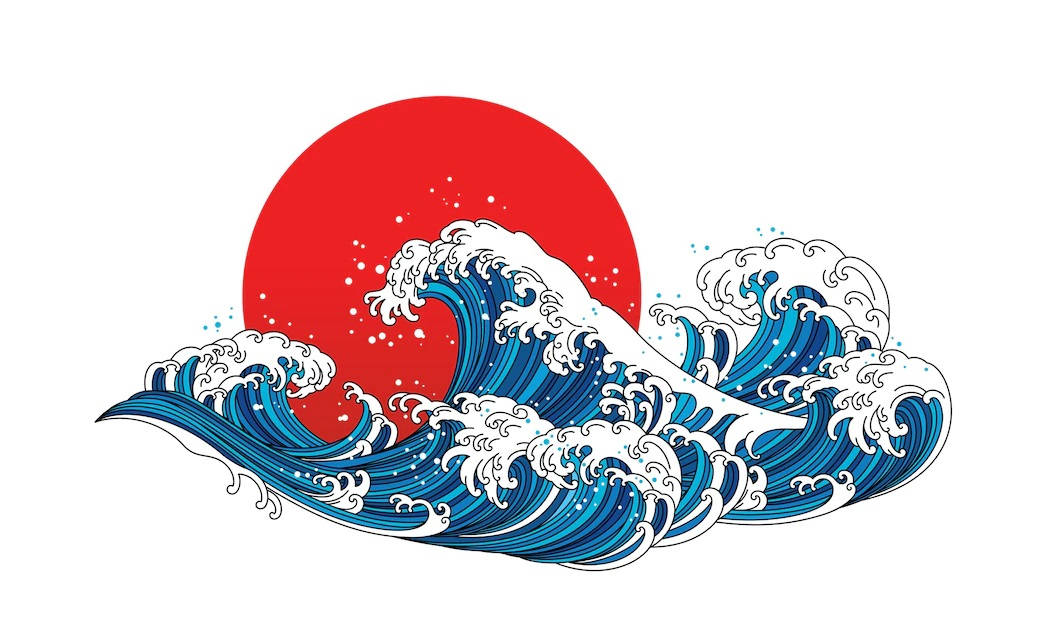日式海浪傳統藝術 壁紙 — 一個風格化的藍色波浪撞擊著一個大膽的紅色太陽，採用經典的日本浮世繪插圖風格。