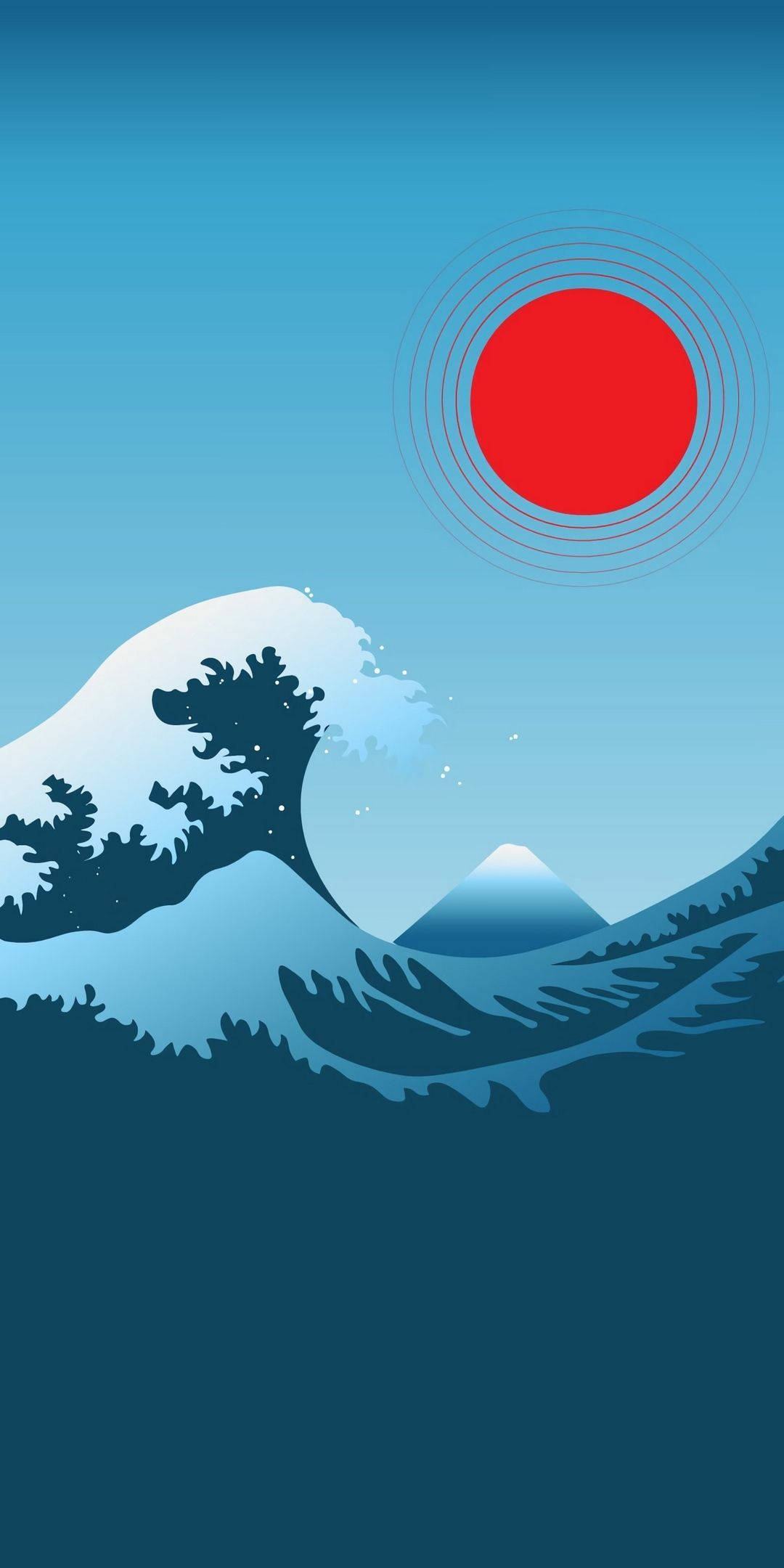 日式海浪極簡主義藝術 壁紙 — 一個風格化的波浪在帶有同心圓環的醒目紅日下衝擊，背景是漸變藍天。