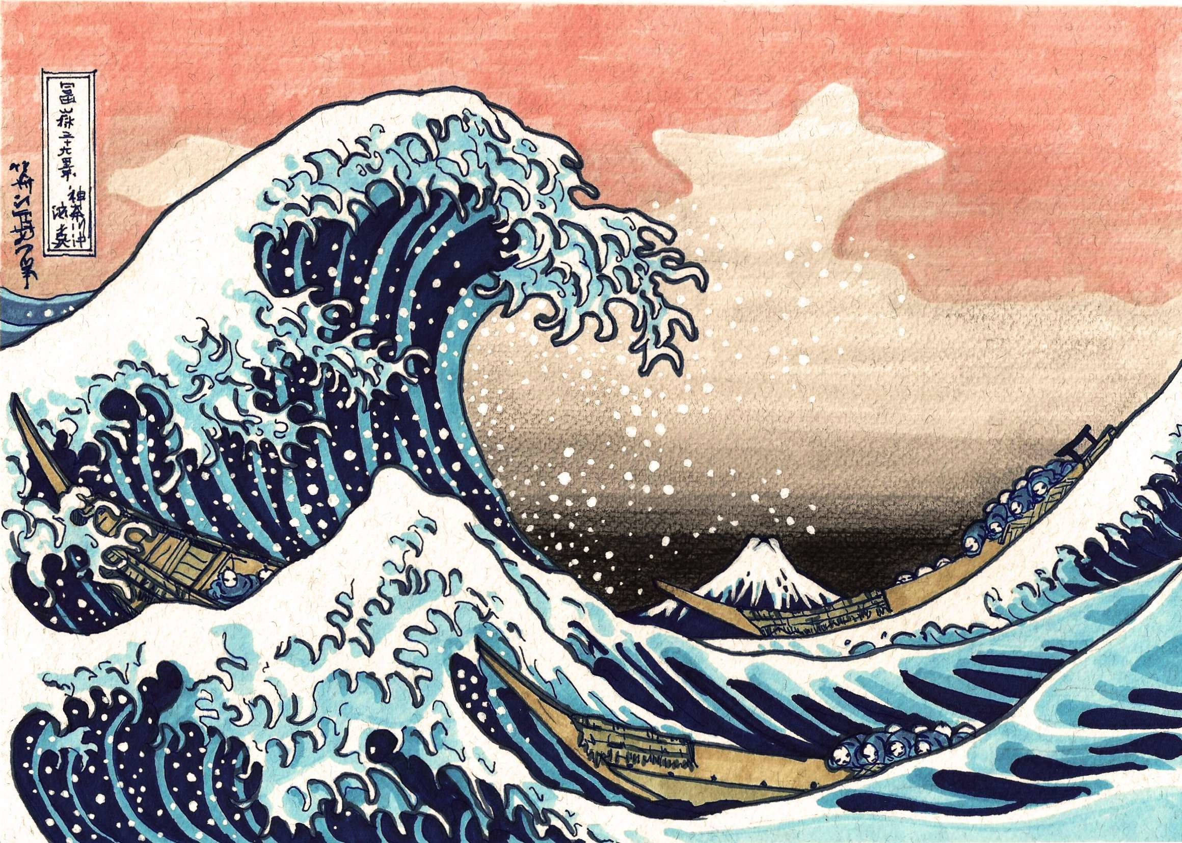 日式海浪畫布藝術 壁紙 — 一道高聳的藍色巨浪衝擊船隻，遠處的富士山在粉紅色的天空下。