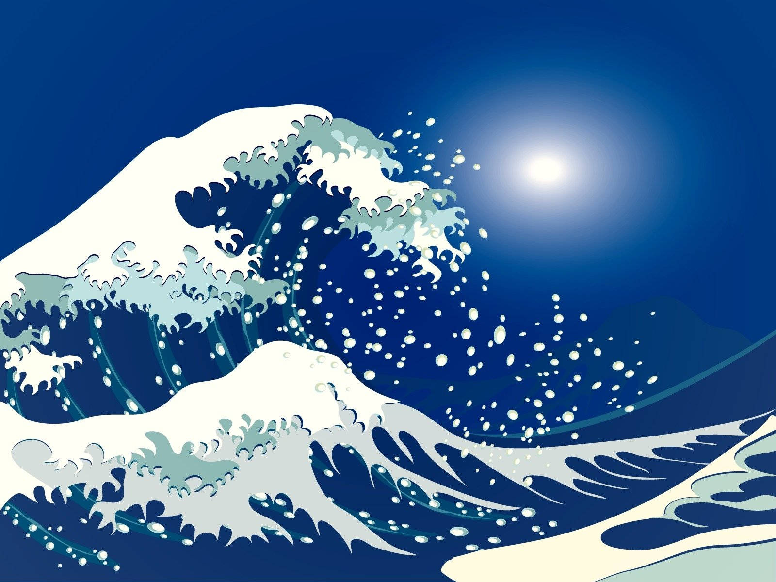 日式海浪與明亮太陽 壁紙 — 一個風格化的波浪在明亮的太陽下破碎，帶有深藍和白色色調。