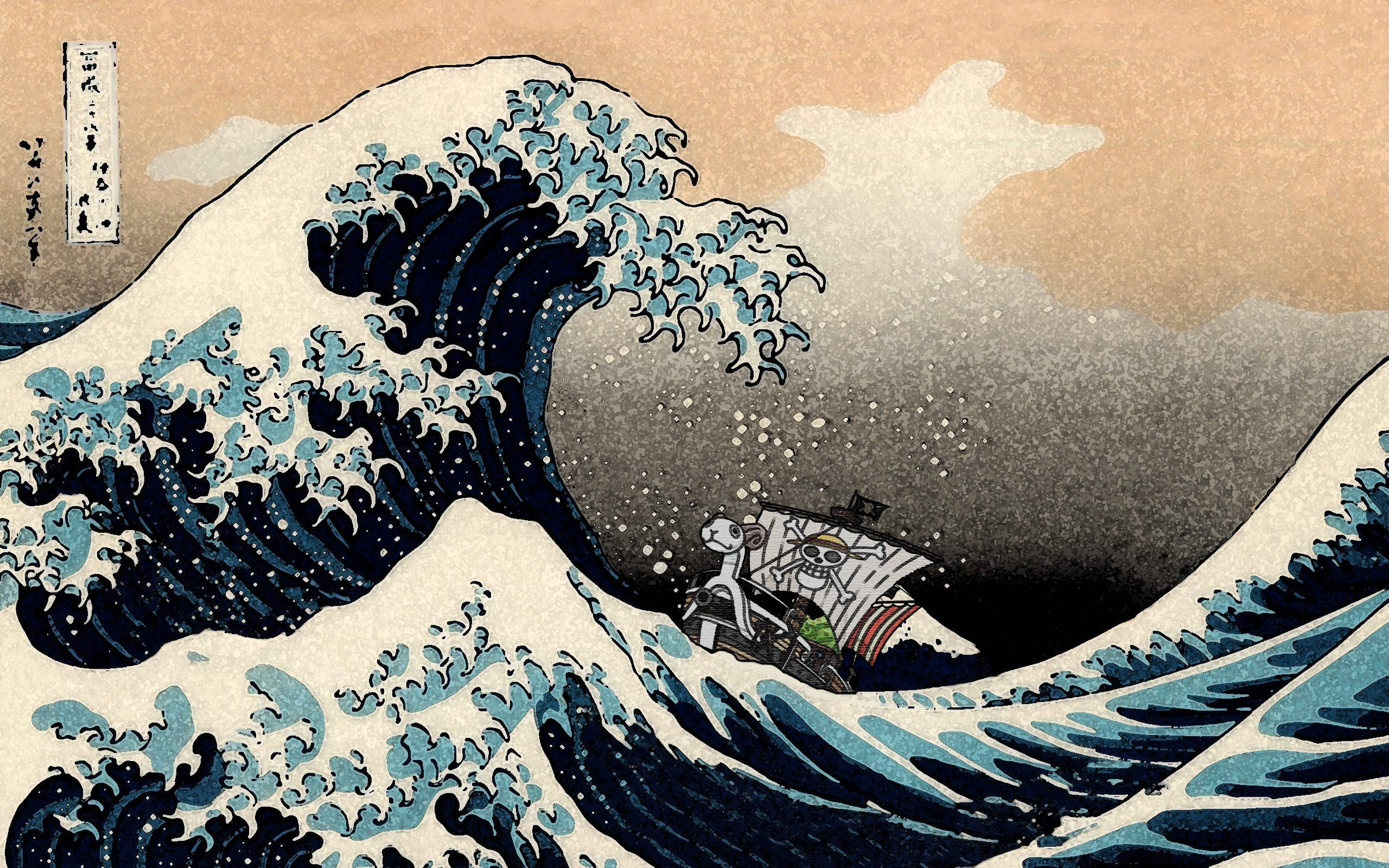 日式海浪與草帽船 壁紙 — 一道巨大的藍色波浪沖向一艘小船，船上有一個人影在陰沉天空下緊緊抓住它。