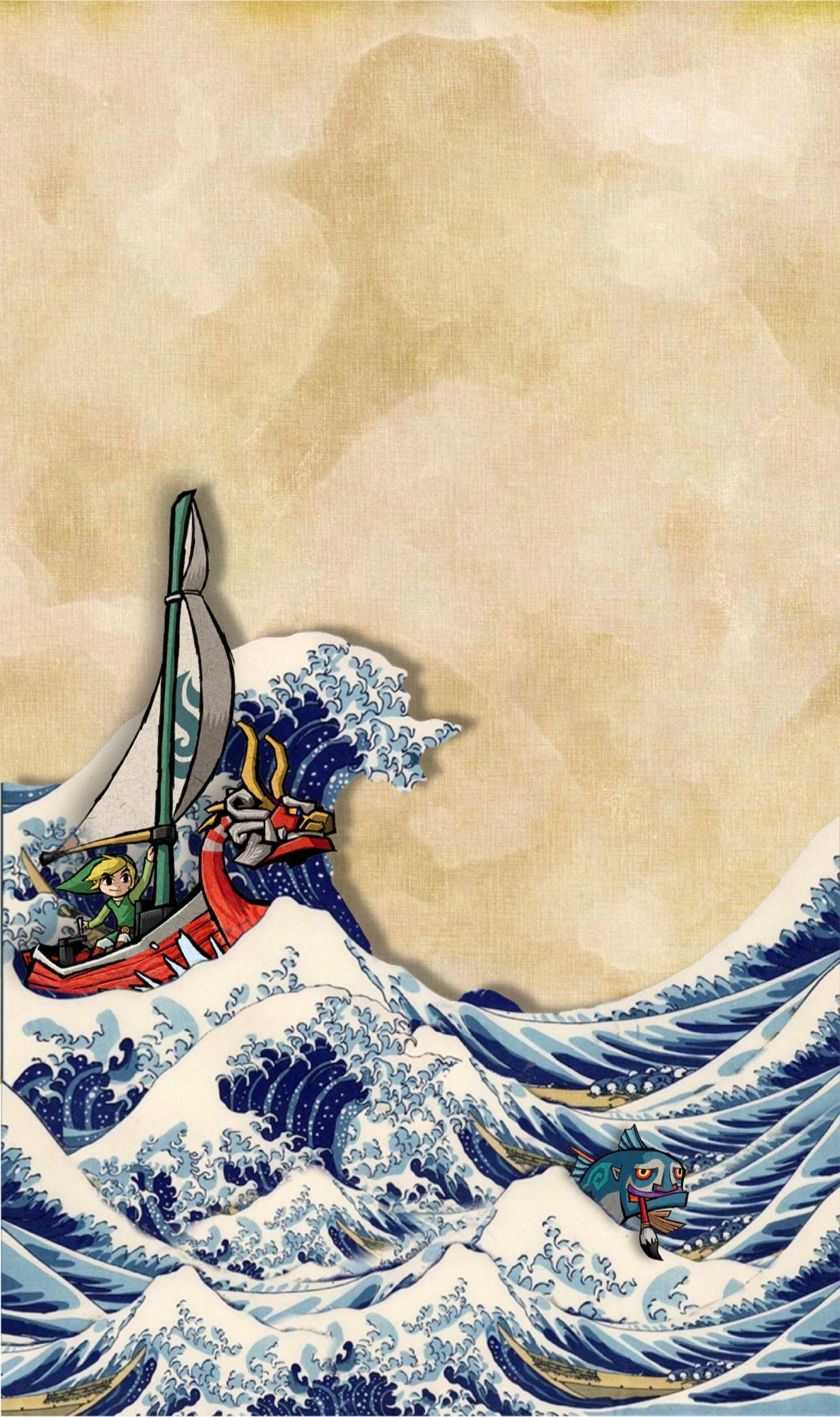日式海浪與風之子船 壁紙 — 一艘風格化的船在日式木版畫藝術風格中與高聳的藍色波浪搏鬥，一條小魚在波浪上乘風破浪。