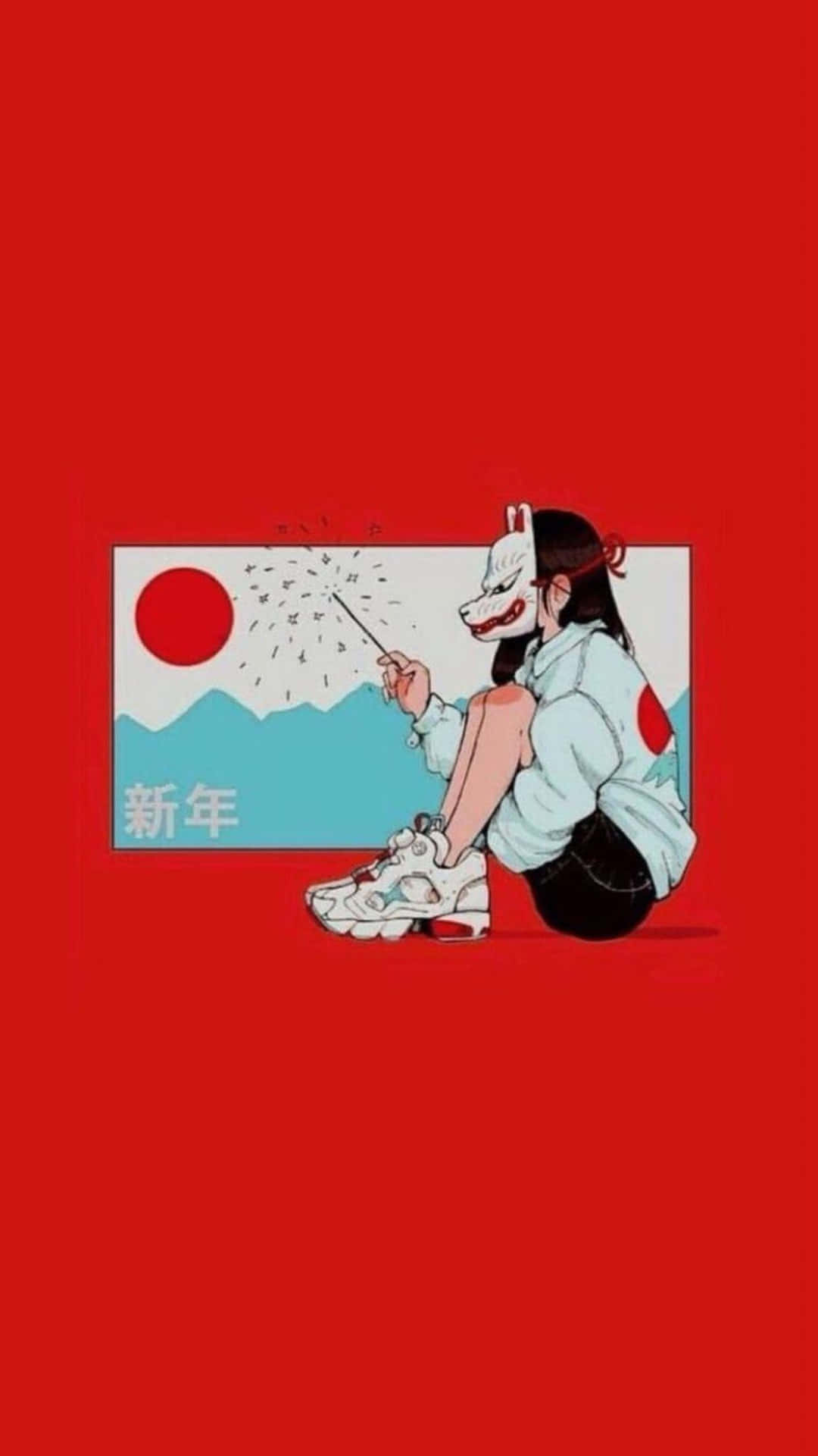 日式狐狸面具少女鎖屏 壁紙 — 一個穿著白色連帽衫和運動鞋的女孩坐在紅色背景前，拿著狐狸面具和煙花棒，靠近日本新年插圖。
